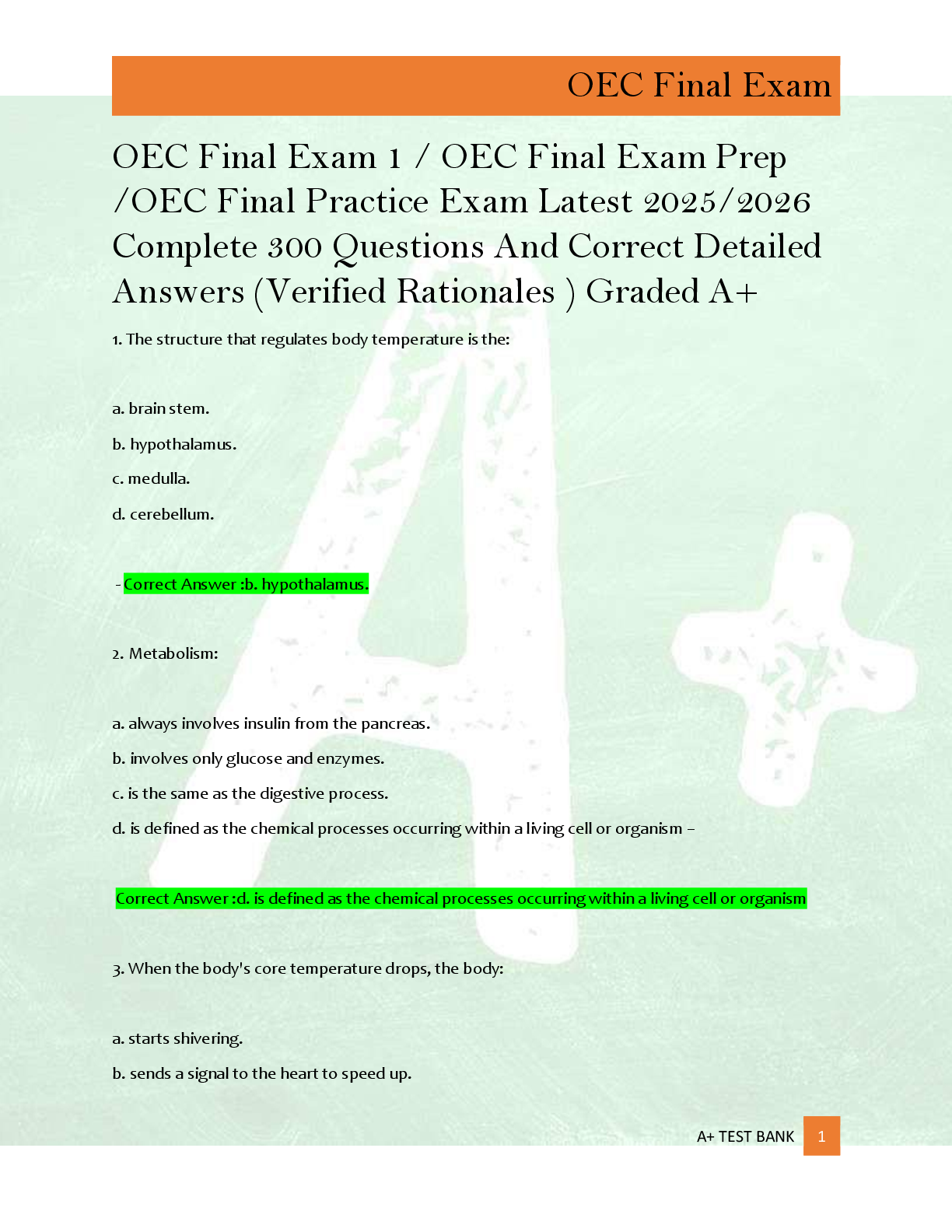 Preview of A+ TEST BANK 1    OEC Final Exam 1 / OEC Final Exam Prep  /OEC Final Practice Exam Latest 2025/2026  Complete 300 Questions And Correct Detailed  Answers (Verified Rationales ) Graded A+