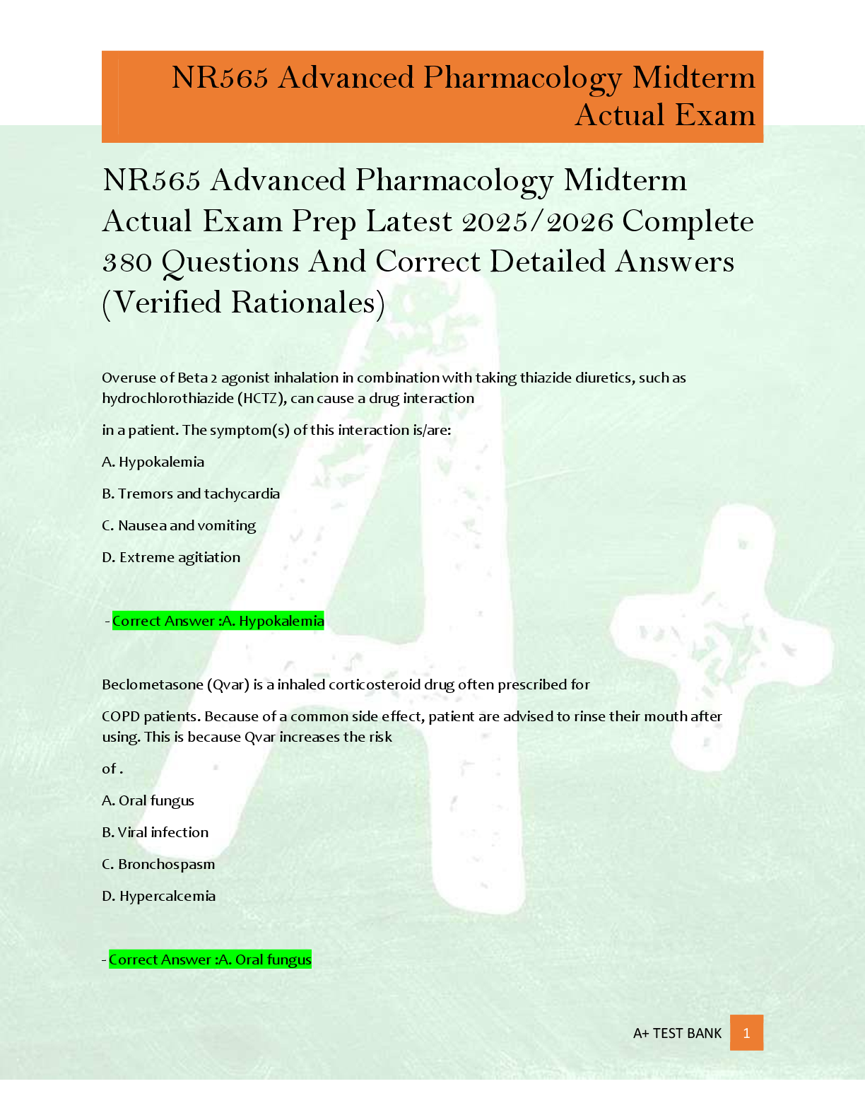 Preview of NR565 Advanced Pharmacology Midterm  Actual Exam Prep Latest 2025/2026 Complete  380 Quest