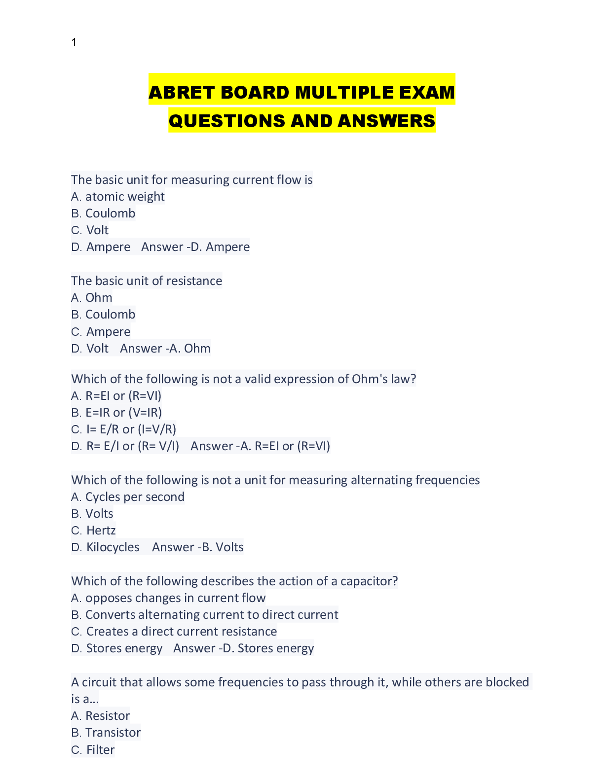 Preview image for ABRET BOARD MULTIPLE EXAM  QUESTIONS AND ANSWERS