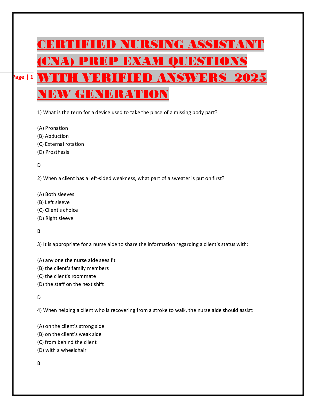 Preview image for CERTIFIED NURSING ASSISTANT (CNA) PREP EXAM QUESTIONS WITH VERIFIED ANSWERS  2025 NEW GENERATION