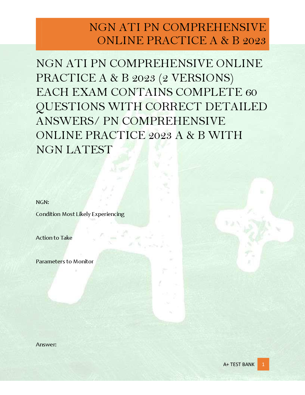Preview of NGN ATI PN COMPREHENSIVE ONLINE  PRACTICE A & B 2023 (2 VERSIONS)  EACH EXAM CONTAINS COMP
