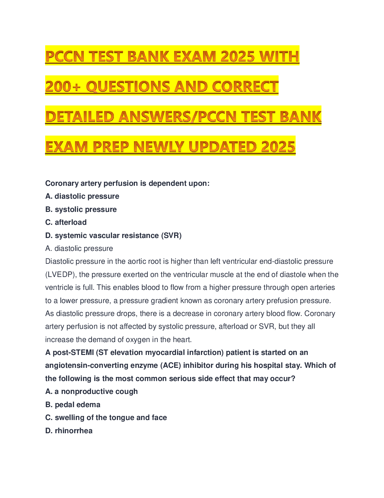 Preview image for PCCN TEST BANK EXAM 2025 WITH 200+ QUESTIONS AND CORRECT DETAILED ANSWERS/PCCN TEST BANK EXAM PREP NEWLY UPDATED 2025