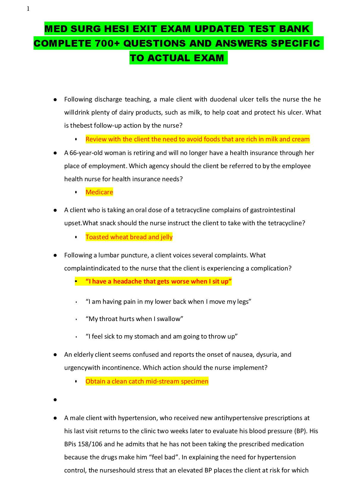 Preview image for MED SURG HESI EXIT EXAM UPDATED TEST BANK  COMPLETE 700+ QUESTIONS AND ANSWERS SPECIFIC  TO ACTUAL EXAM
