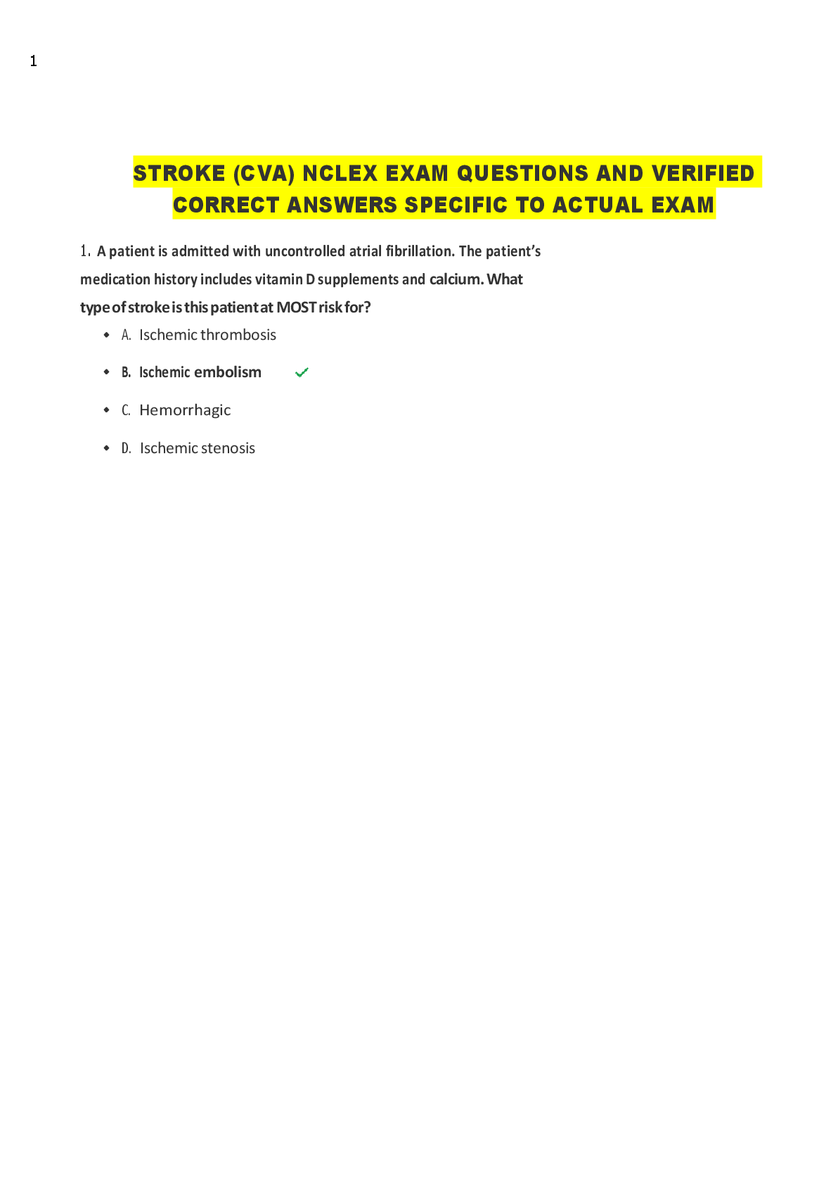 Preview image for STROKE (CVA) NCLEX EXAM QUESTIONS AND VERIFIED  CORRECT ANSWERS SPECIFIC TO ACTUAL EXAM