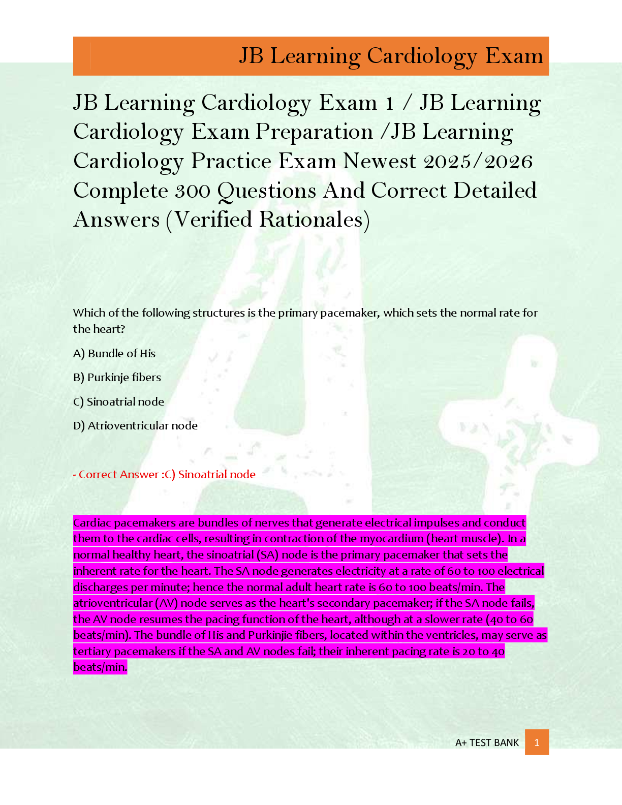 Preview of JB Learning Cardiology Exam 1 / JB Learning  Cardiology Exam Preparation /JB Learning  Car
