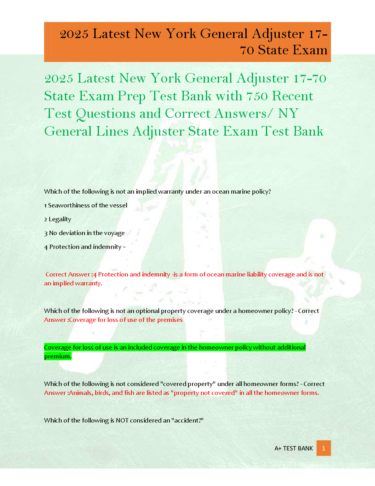 Preview of 2025 Latest New York General Adjuster 17-70  State Exam Prep Test Bank with 750 Recent  Te