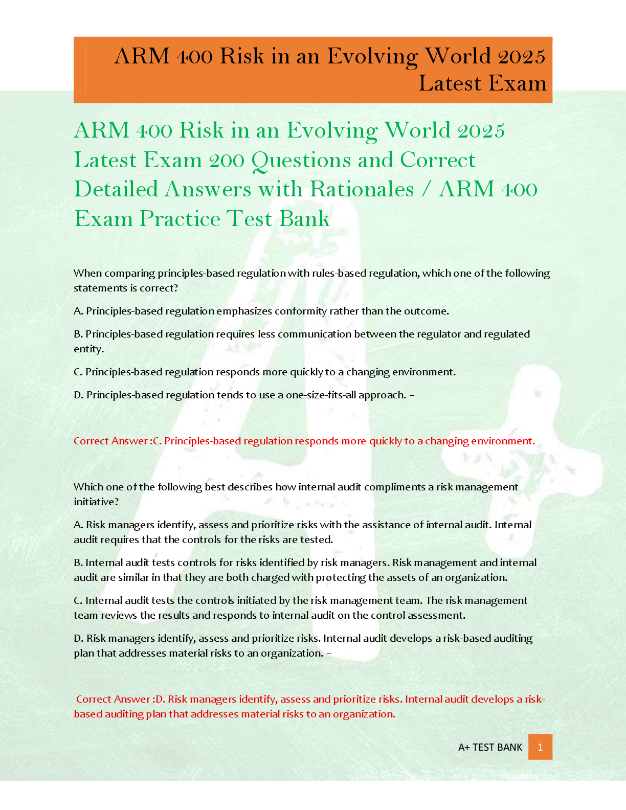 Recommended document preview for ARM 400 Risk in an Evolving World 2025  Latest Exam 200 Questions and Correct  Detailed Answers with Rationales / ARM 400  Exam Practice Test Bank