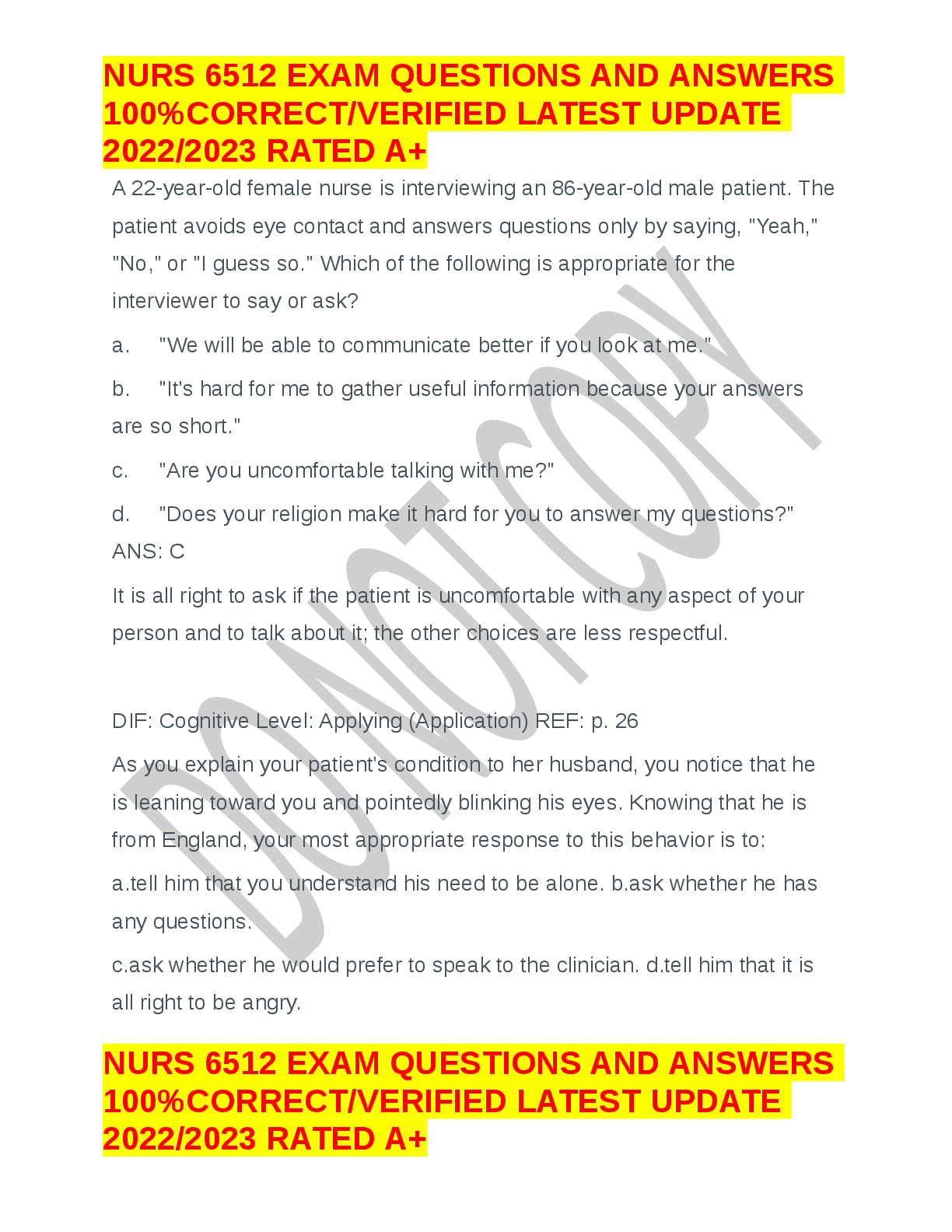 Preview of NURS 6512 EXAM QUESTIONS AND ANSWERS  100%CORRECT/VERIFIED LATEST UPDATE  2022/2023 RATED A+