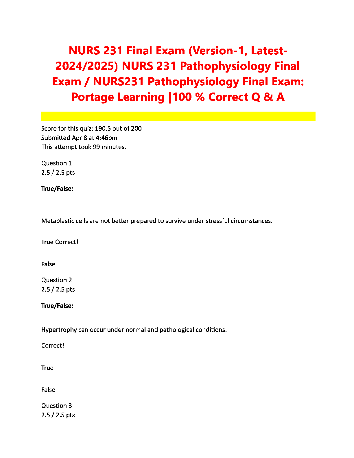 Preview of NURS 231 Final Exam (Version-1, Latest-  2024/2025) NURS 231 Pathophysiology Final  Exam / NURS231 Pathophysiology Final Exam:  Portage Learning |100 % Correct Q &amp; A