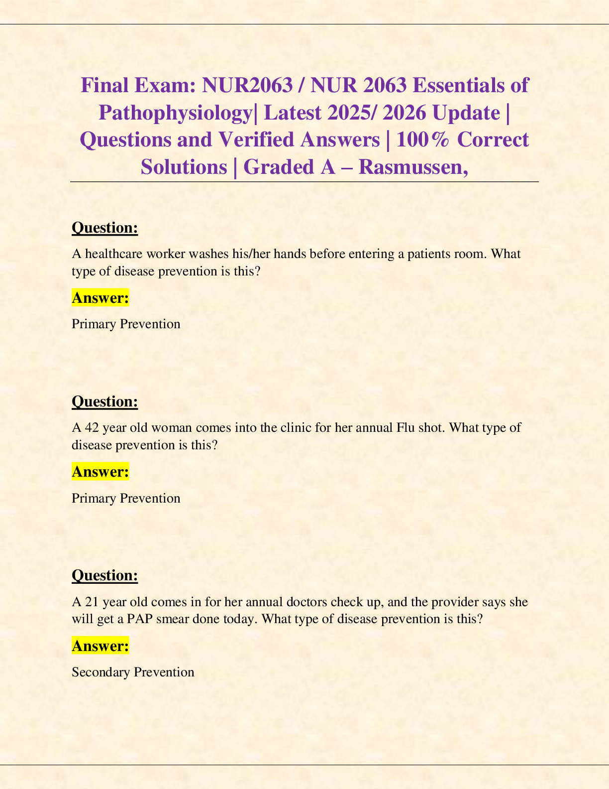 Preview of Final Exam: NUR2063 / NUR 2063 Essentials of  Pathophysiology| Latest 2025/ 2026 Update |  Questions and Verified Answers | 100% Correct  Solutions | Graded A – Rasmussen,