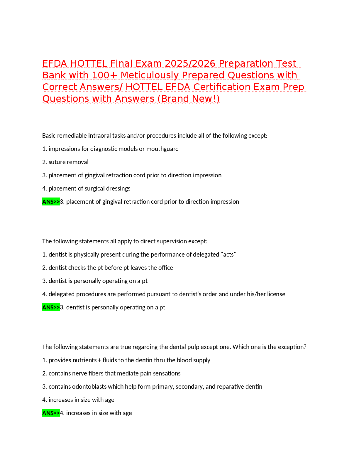 Preview image for EFDA HOTTEL Final Exam 2025/2026 Preparation Test  Bank with 100+ Meticulously Prepared Questions with  Correct Answers/ HOTTEL EFDA Certification Exam Prep  Questions with Answers (Brand New!)