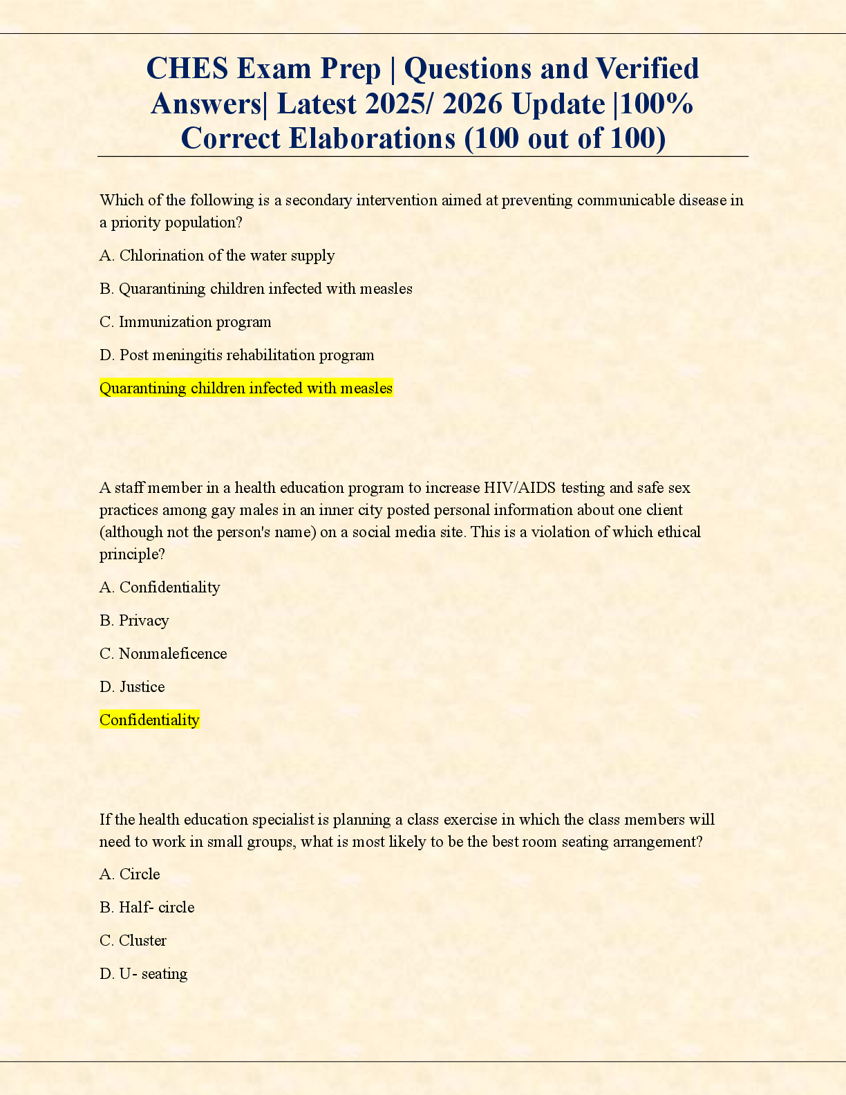Preview image for CHES Exam Prep | Questions and Verified  Answers| Latest 2025/ 2026 Update |100%  Correct Elaborations (100 out of 100)