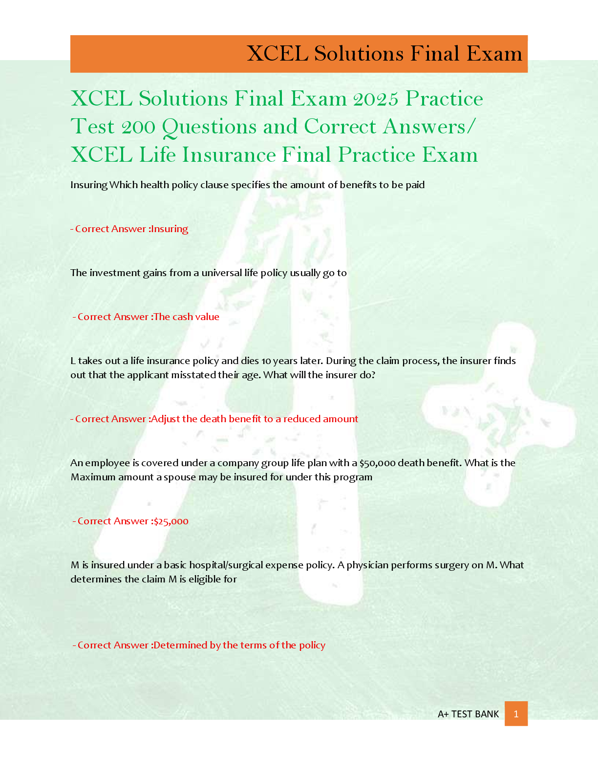Preview of XCEL Solutions Final Exam 2025 Practice  Test 200 Questions and Correct Answers/  XCEL Lif