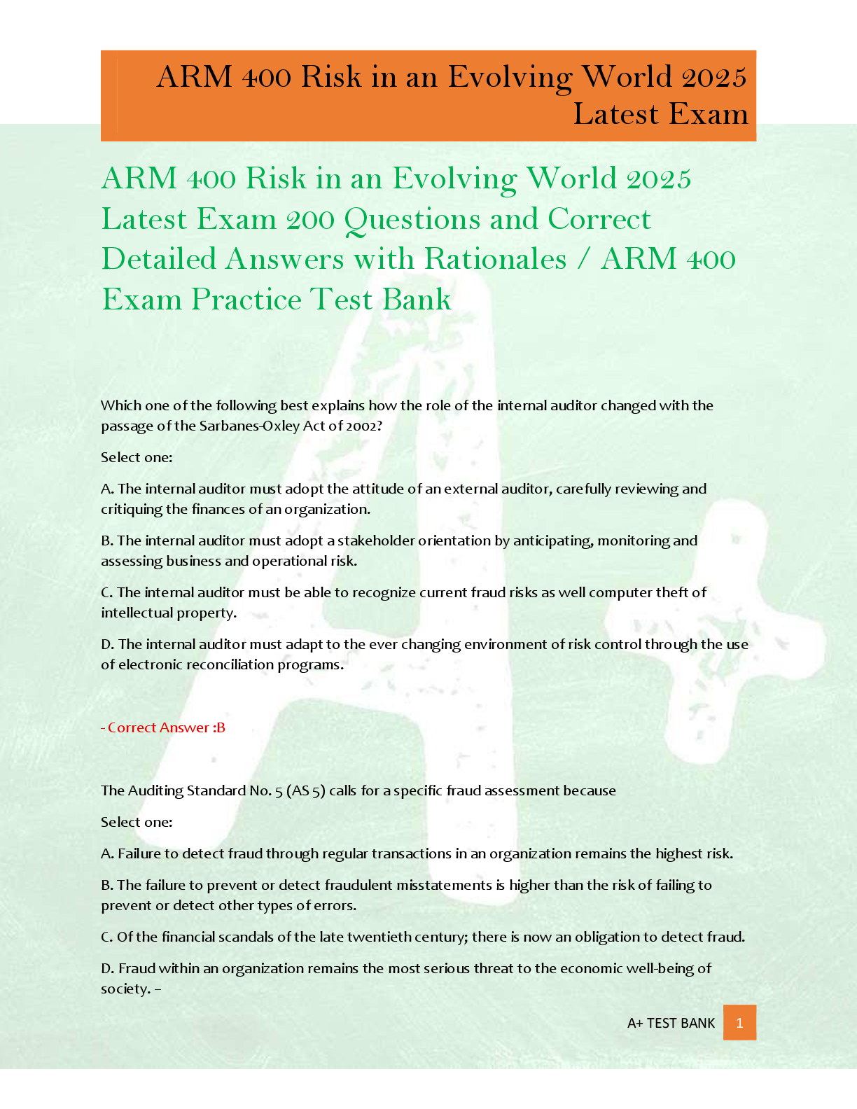 Recommended document preview for ARM 400 Risk in an Evolving World 2025  Latest Exam 200 Questions and Correct  Detailed Answers with Rationales / ARM 400  Exam Practice Test Bank