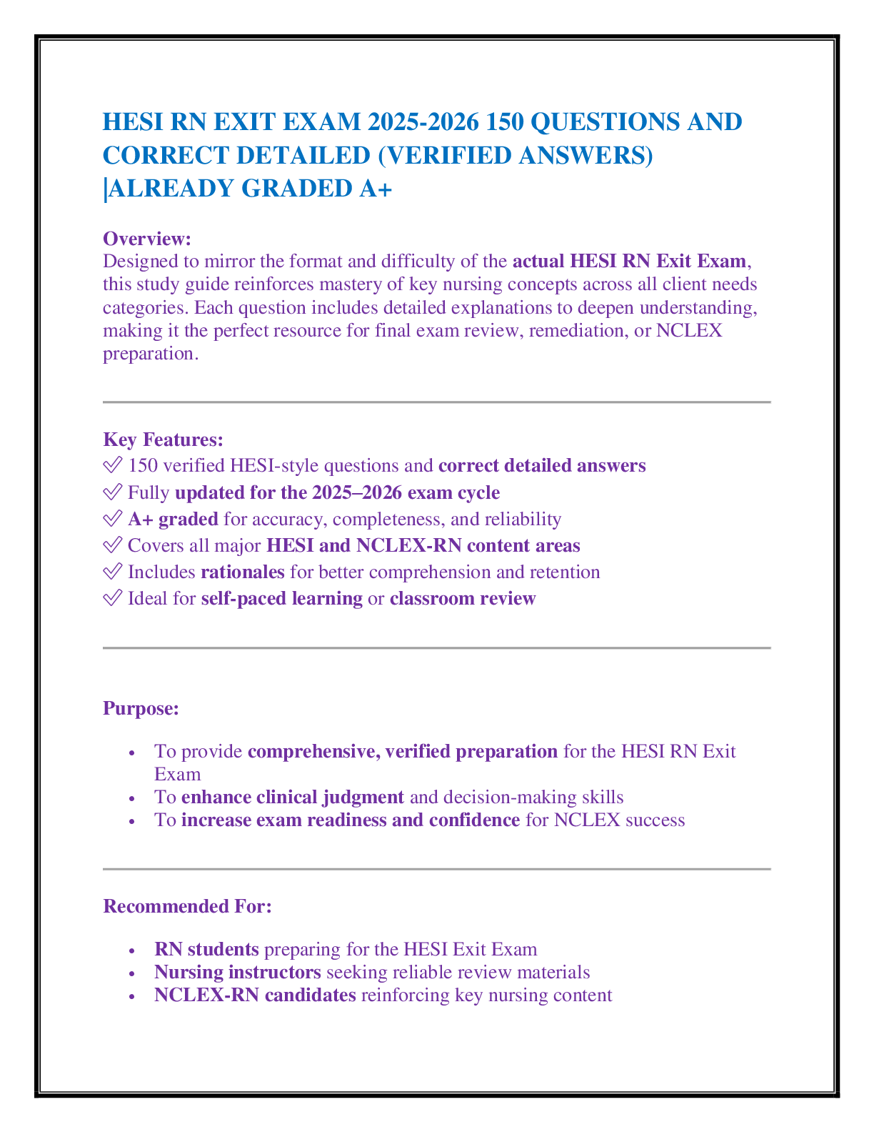 HESI RN EXIT EXAM 2025-2026 150 QUESTIONS AND  CORRECT DETAILED (VERIFIED ANSWERS) |ALREADY GRADED A+
