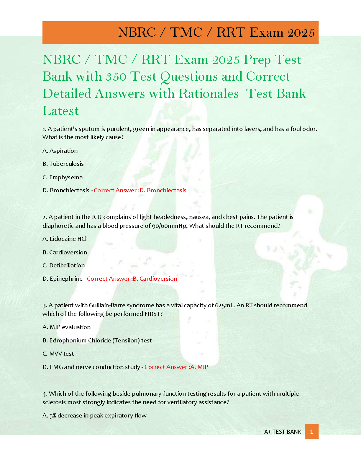 Preview of NBRC / TMC / RRT Exam 2025 Prep Test  Bank with 350 Test Questions and Correct  Detailed Answers with Rationales  Test Bank  Latest