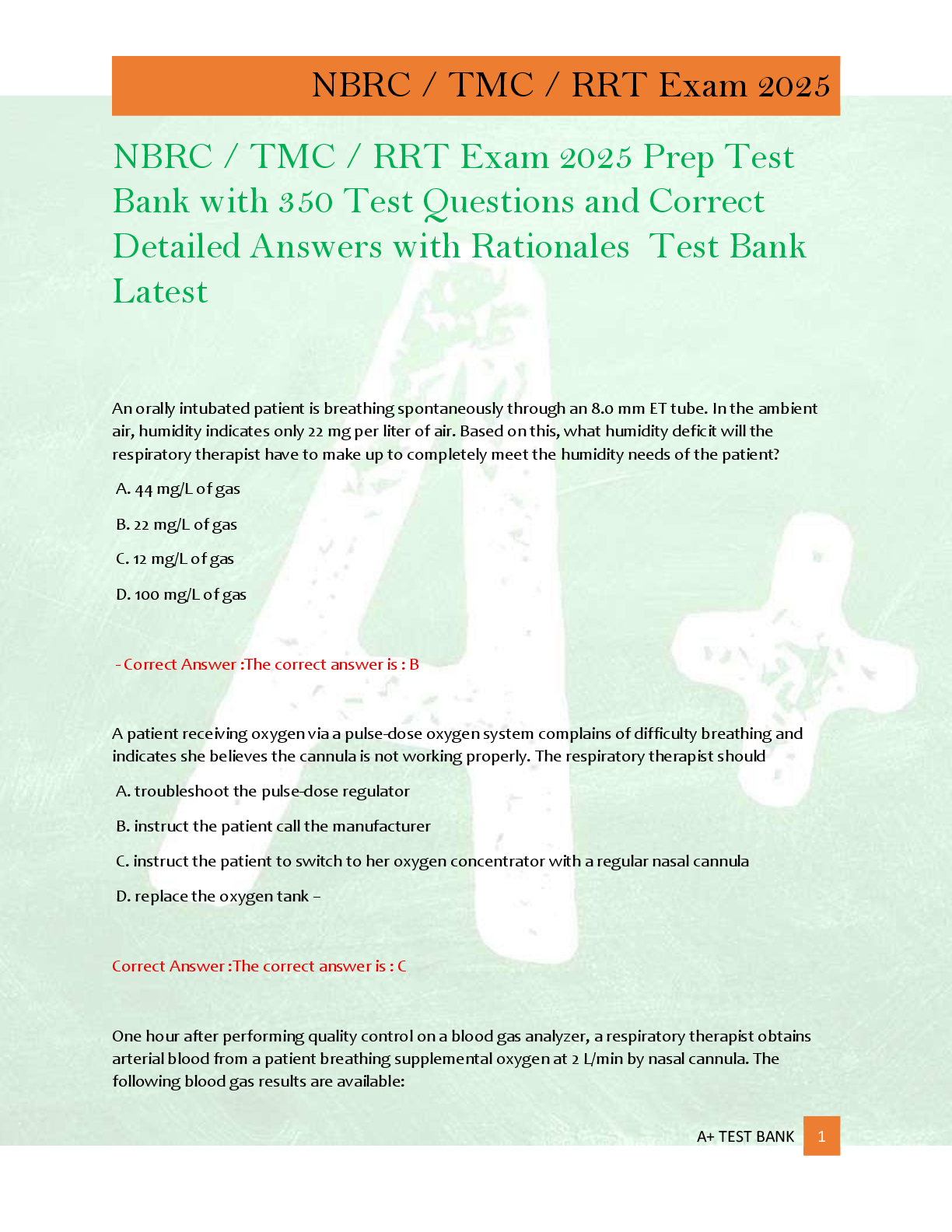 Preview of NBRC / TMC / RRT Exam 2025 Prep Test  Bank with 350 Test Questions and Correct  Detailed Answers with Rationales  Test Bank  Latest