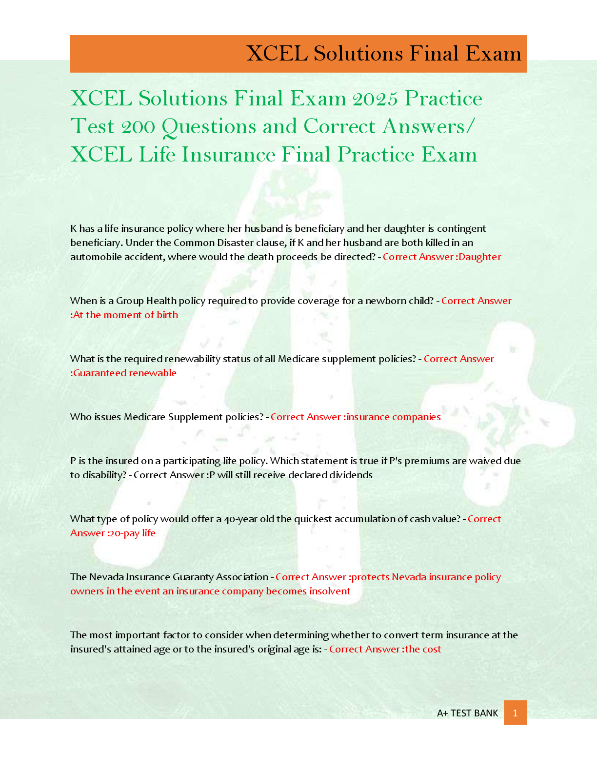 Preview of XCEL Solutions Final Exam 2025 Practice  Test 200 Questions and Correct Answers/  XCEL Lif