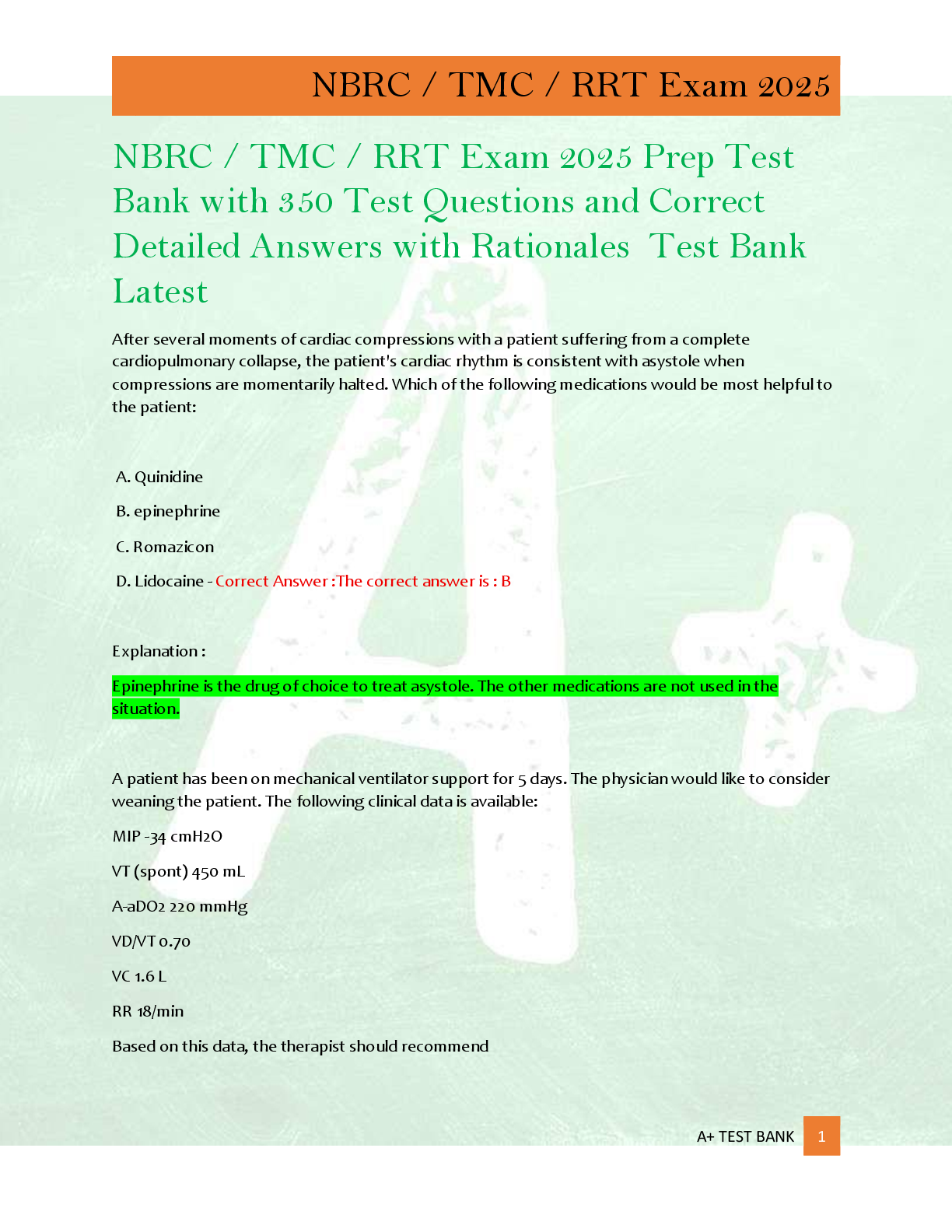 Preview of NBRC / TMC / RRT Exam 2025 Prep Test  Bank with 350 Test Questions and Correct  Detailed Answers with Rationales  Test Bank  Latest