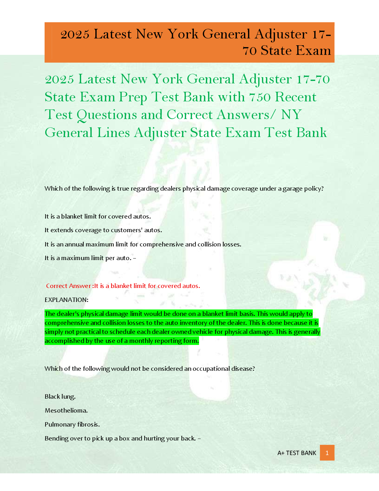 Preview of 2025 Latest New York General Adjuster 17-70  State Exam Prep Test Bank with 750 Recent  Te