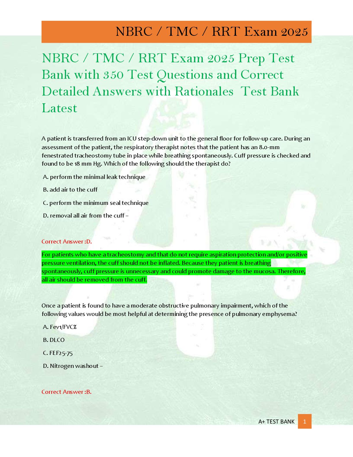 Preview of NBRC / TMC / RRT Exam 2025 Prep Test  Bank with 350 Test Questions and Correct  Detailed Answers with Rationales  Test Bank  Latest