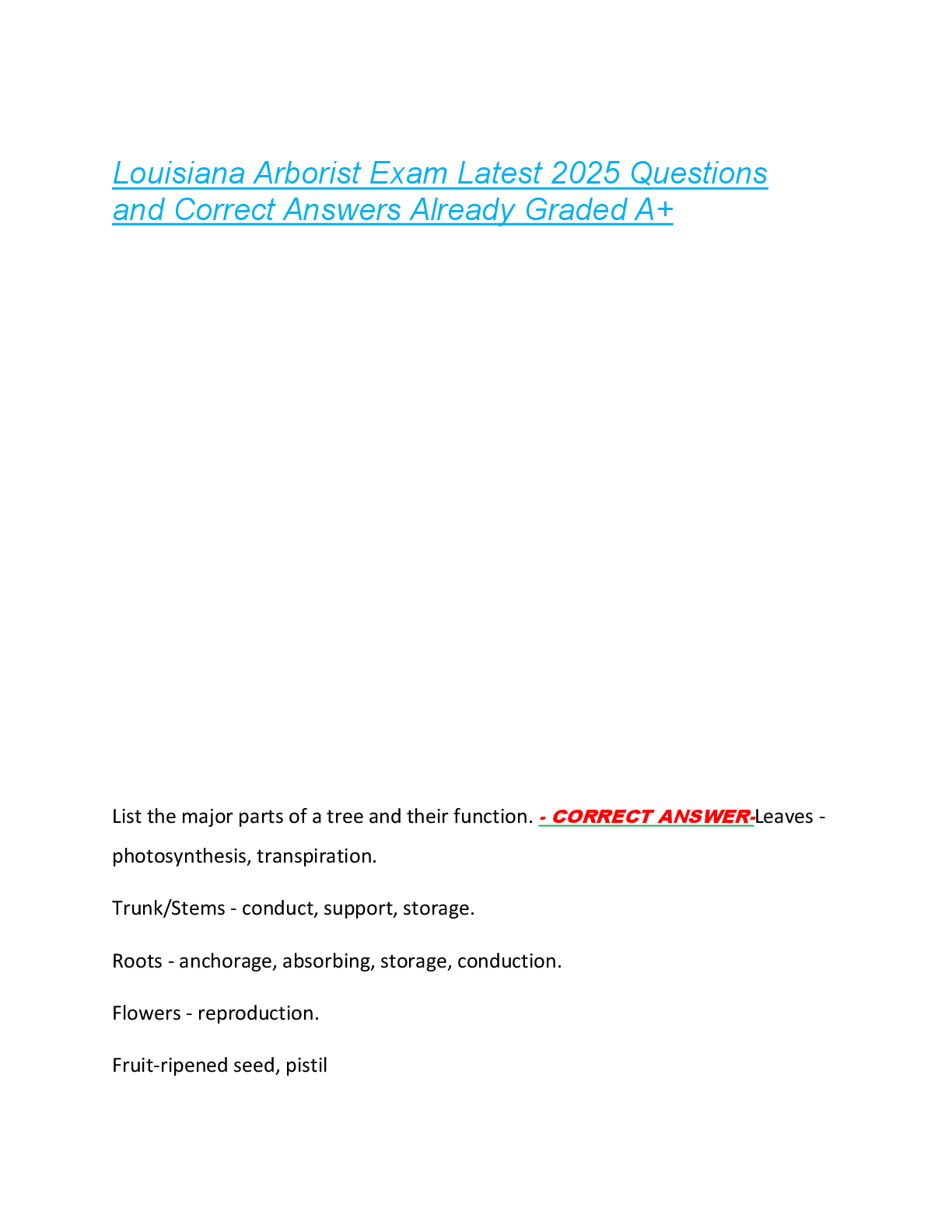 Preview of Louisiana Arborist Exam Latest 2025 Questions  and Correct Answers Already Graded A+