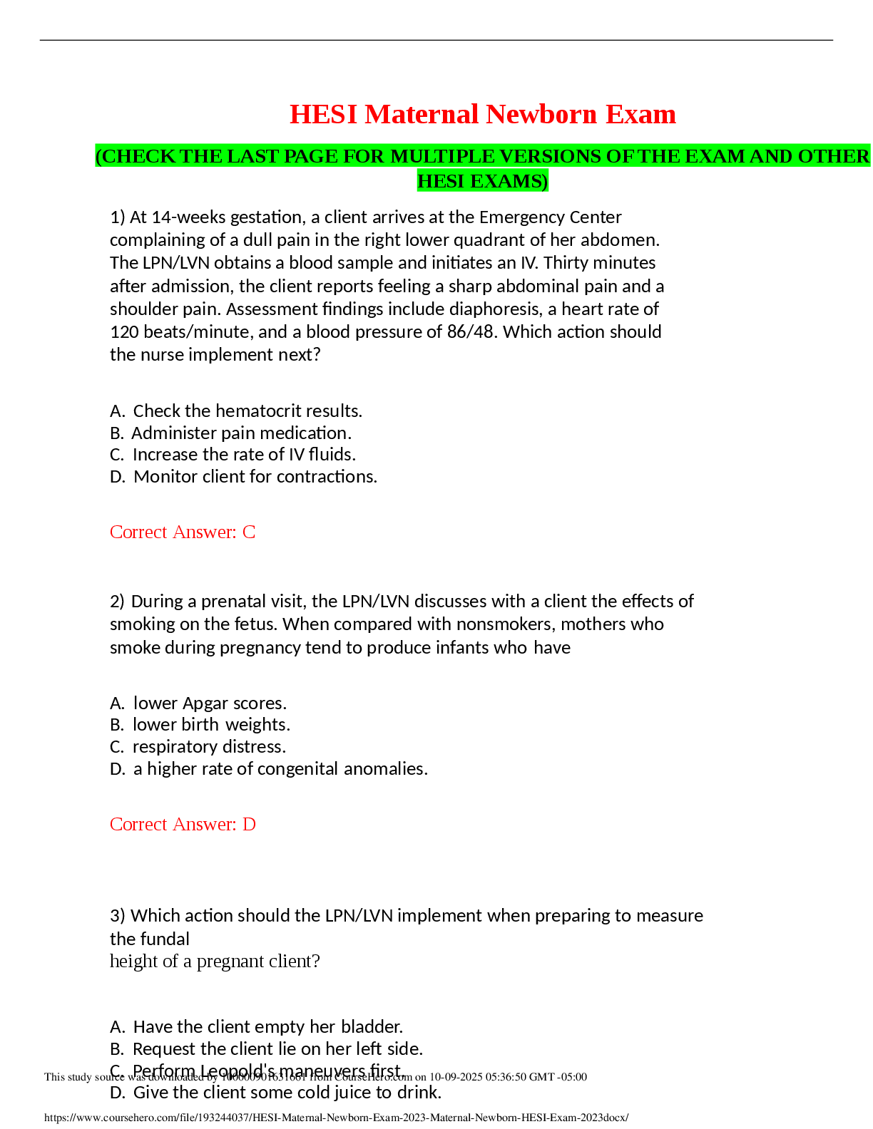 Preview image for HESI Maternal Newborn Exam