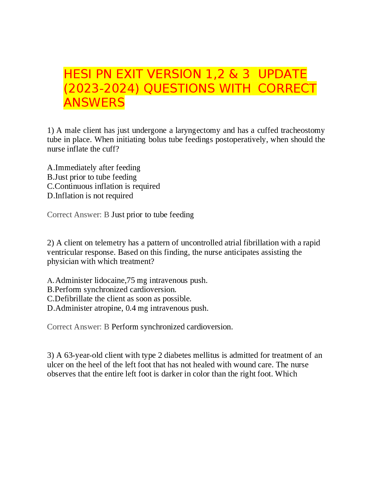 Preview of HESI PN EXIT VERSION 1,2 &amp; 3   UPDATE  (2023-2024)  QUESTIONS  ANSWERS  WITH   CORRECT