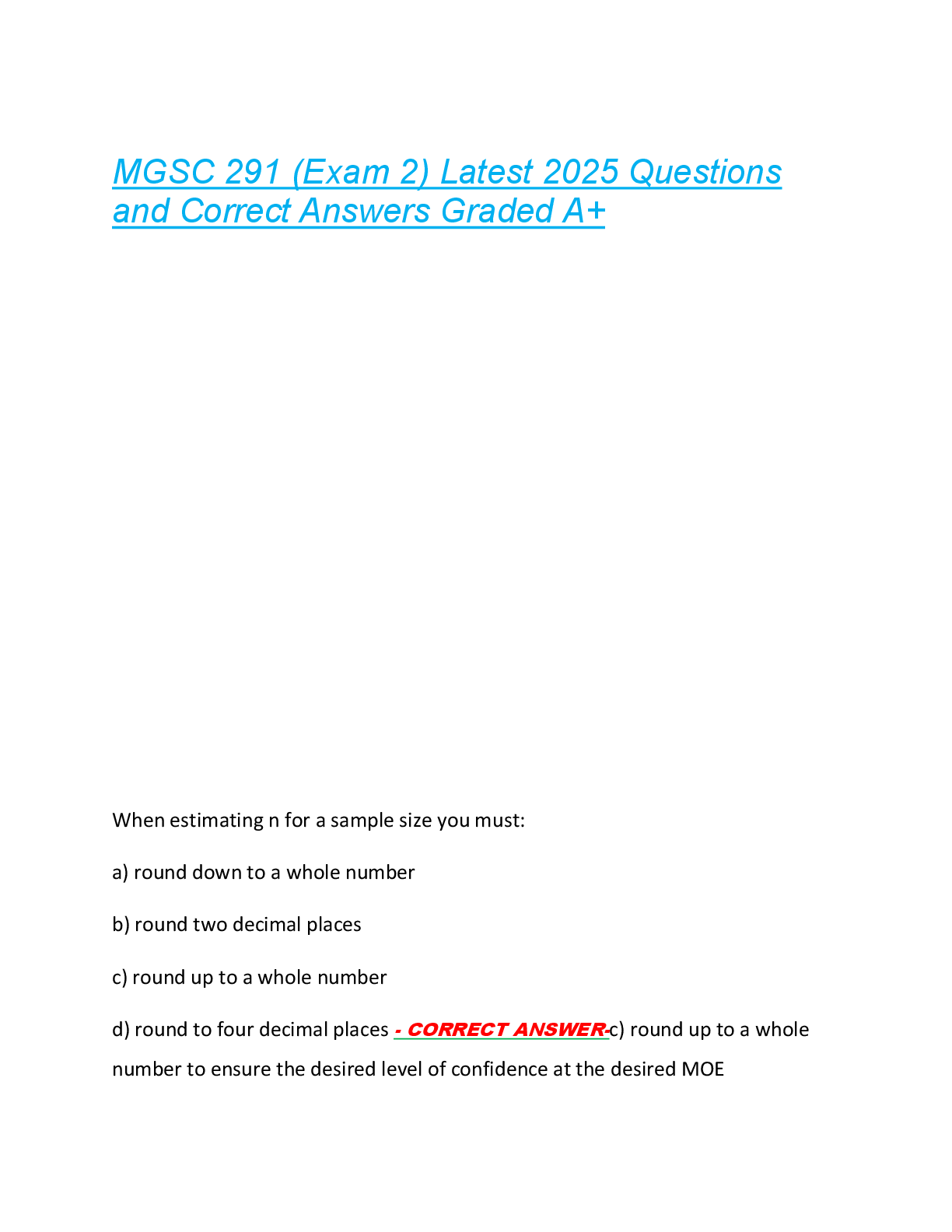 Preview of MGSC 291 (Exam 2) Latest 2025 Questions  and Correct Answers Graded A+