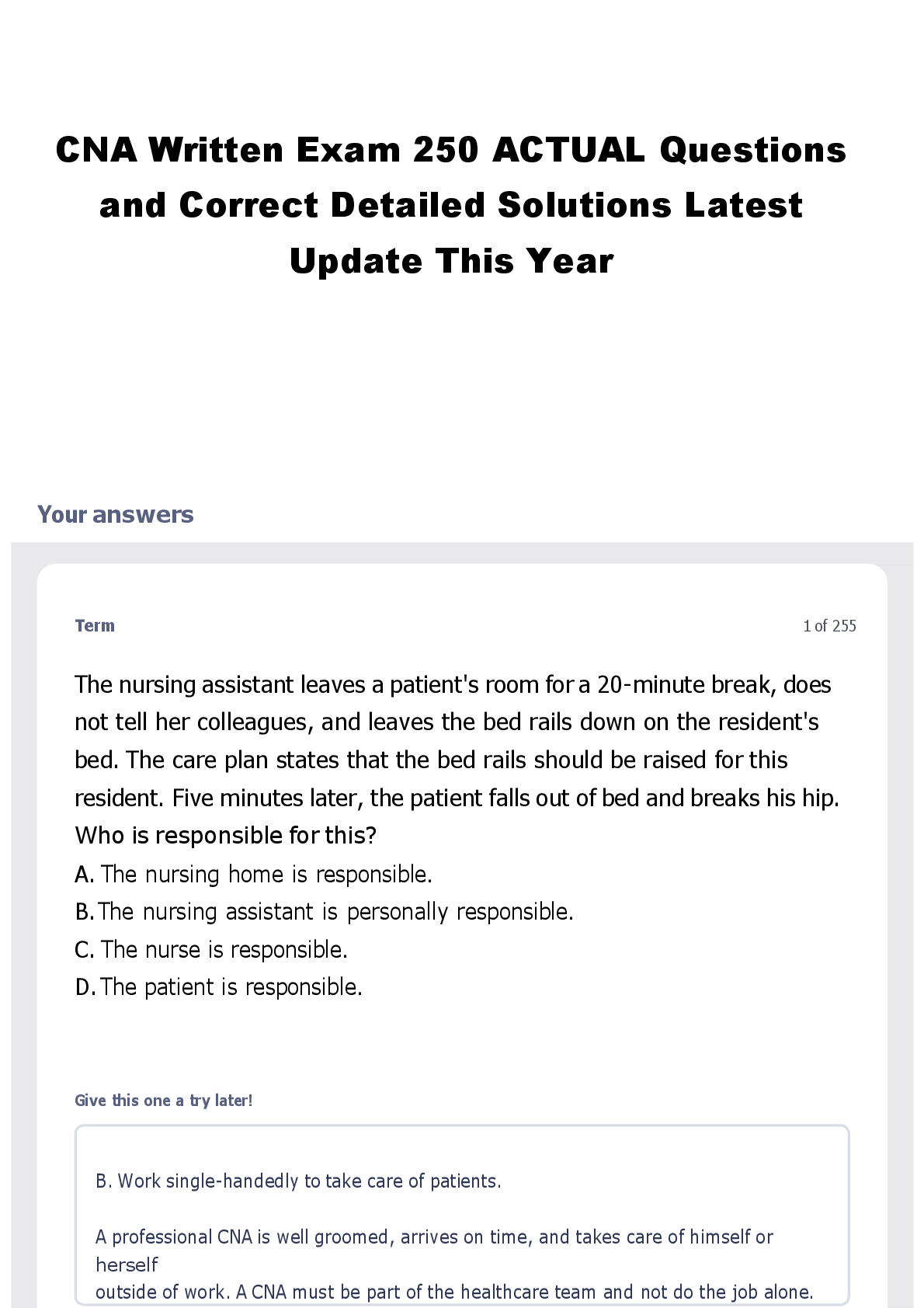 Preview image for CNA Written Exam 250 ACTUAL Questions and Correct Detailed Solutions Latest Update This Year