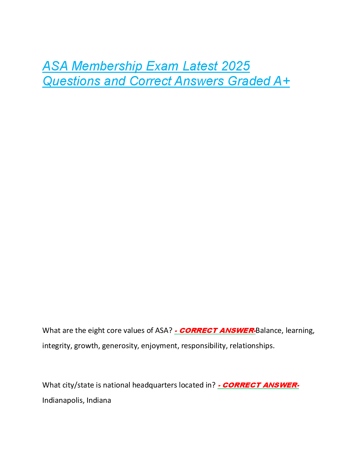 Preview image for ASA Membership Exam Latest 2025  Questions and Correct Answers Graded A+