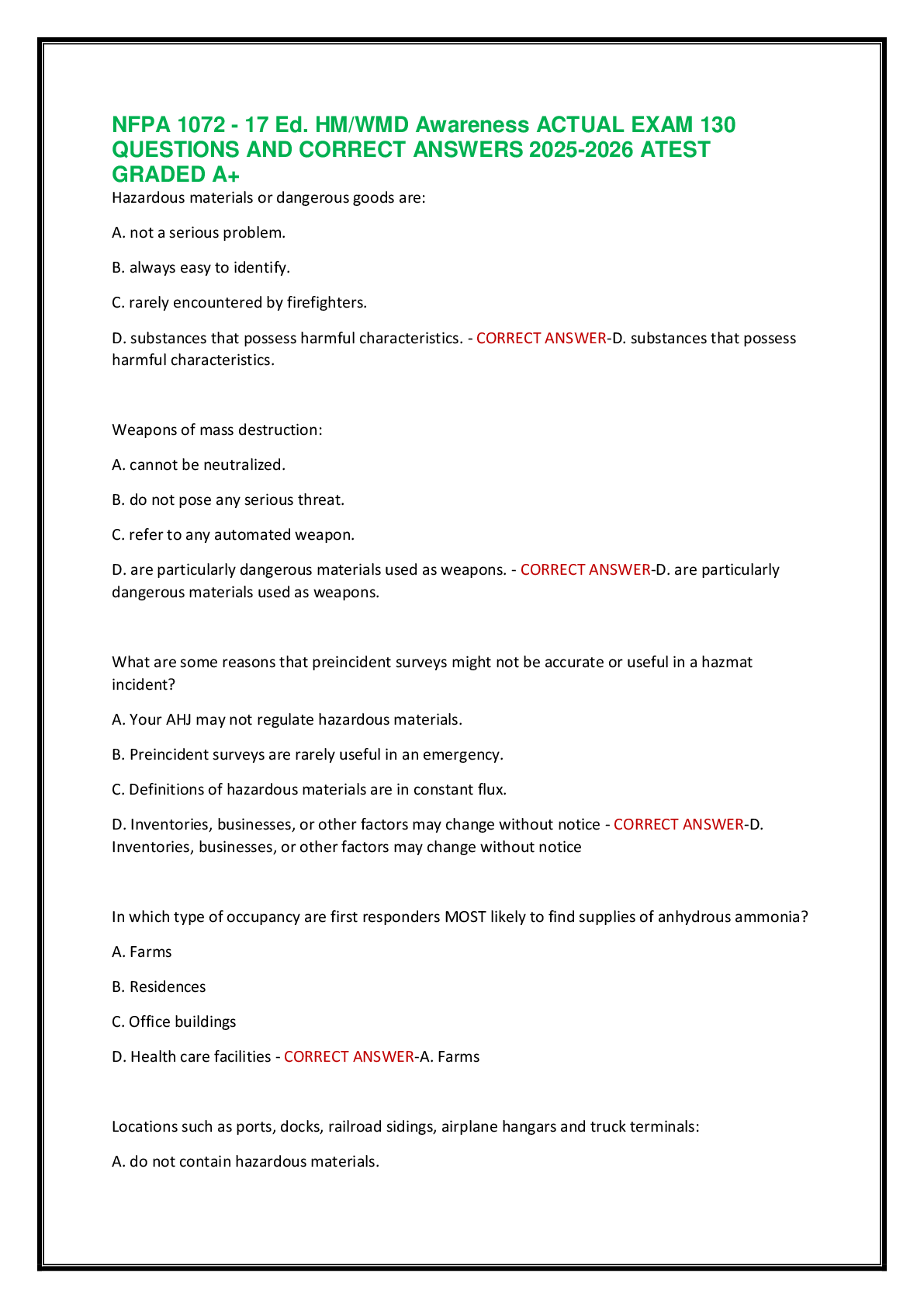 Preview image for NFPA 1072 - 17 Ed. HM/WMD Awareness ACTUAL EXAM 130  QUESTIONS AND CORRECT ANSWERS 2025-2026 ATEST  GRADED A+