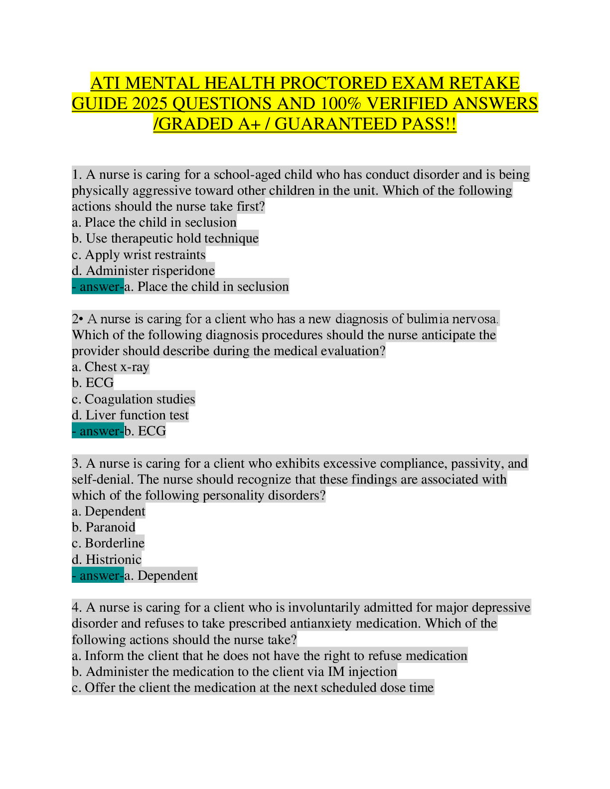 Preview image for ATI MENTAL HEALTH PROCTORED EXAM RETAKE  GUIDE 2025 QUESTIONS AND 100% VERIFIED ANSWERS  /GRADED A+ / GUARANTEED PASS!!