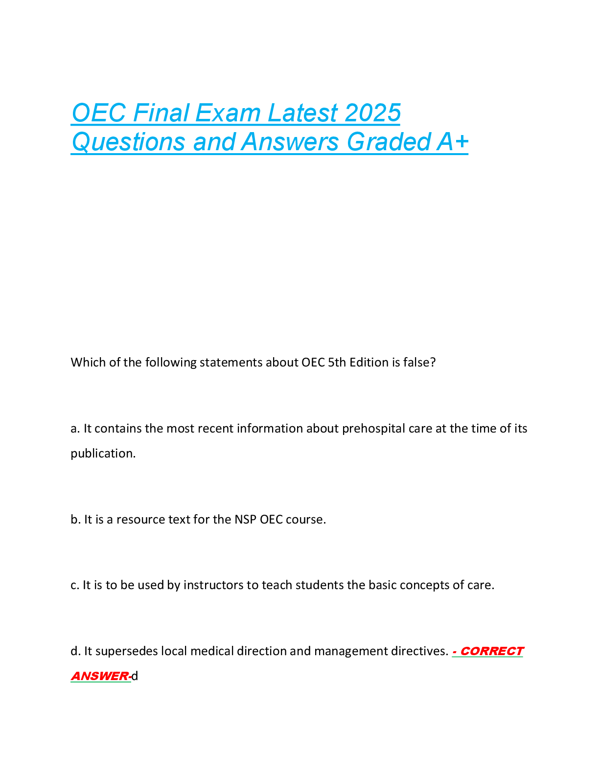 OEC Final Exam Latest 2025  Questions and Answers Graded A+