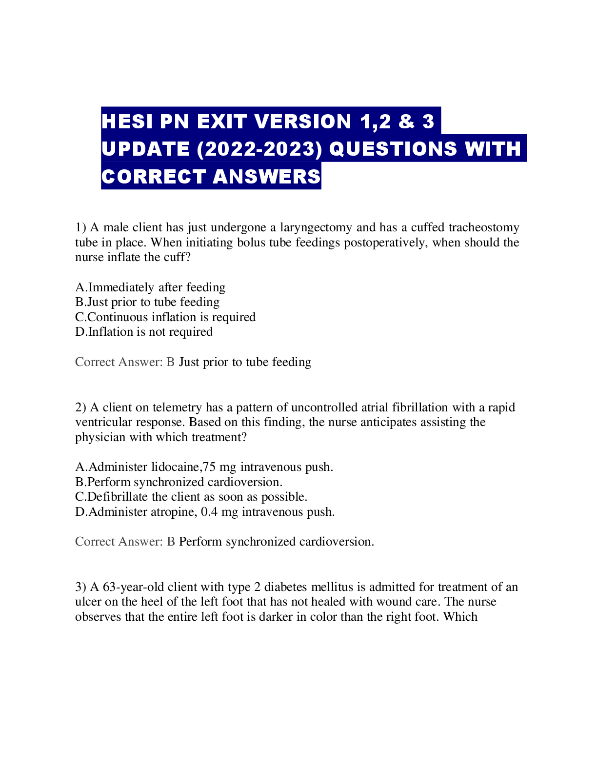 Preview of HESI PN EXIT VERSION 1,2 &amp; 3  UPDATE (2022-2023) QUESTIONS WITH  CORRECT ANSWERS