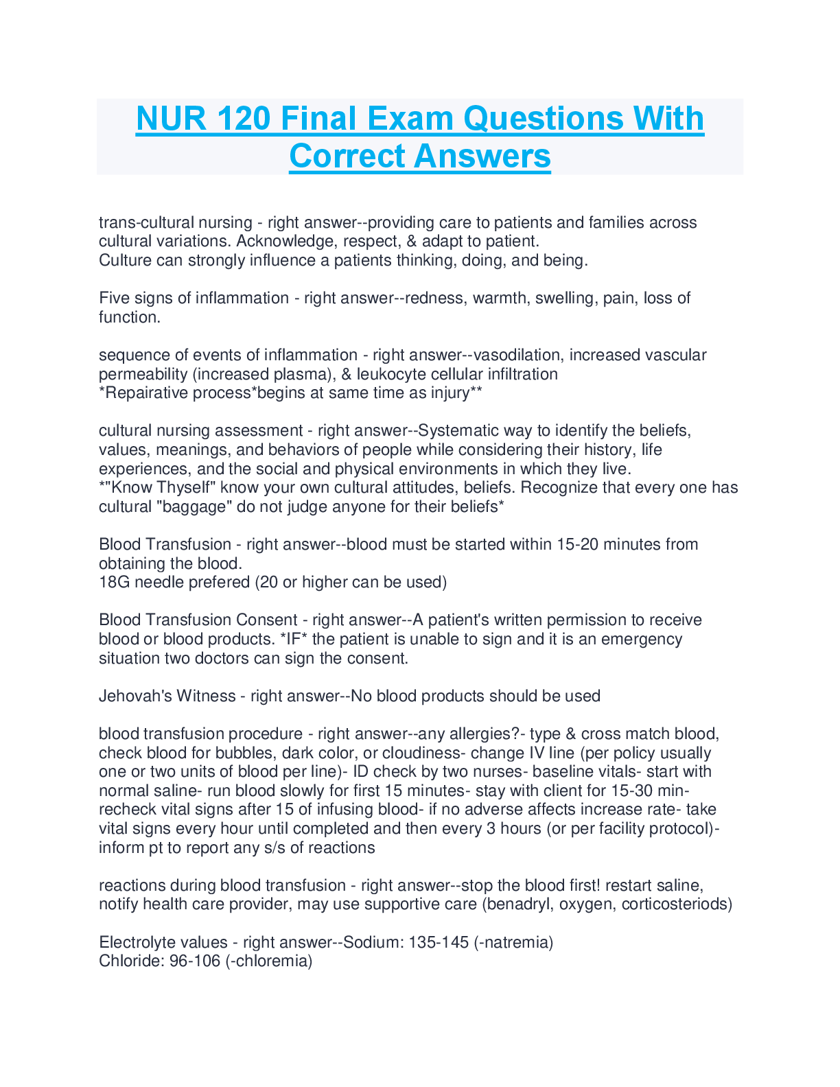 Preview of NUR 120 Final Exam Questions With  Correct Answers