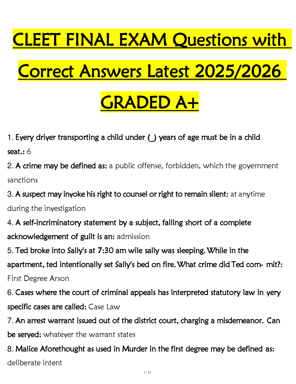 Preview of CLEET FINAL EXAM Questions with  Correct Answers Latest 2025/2026  GRADED A+