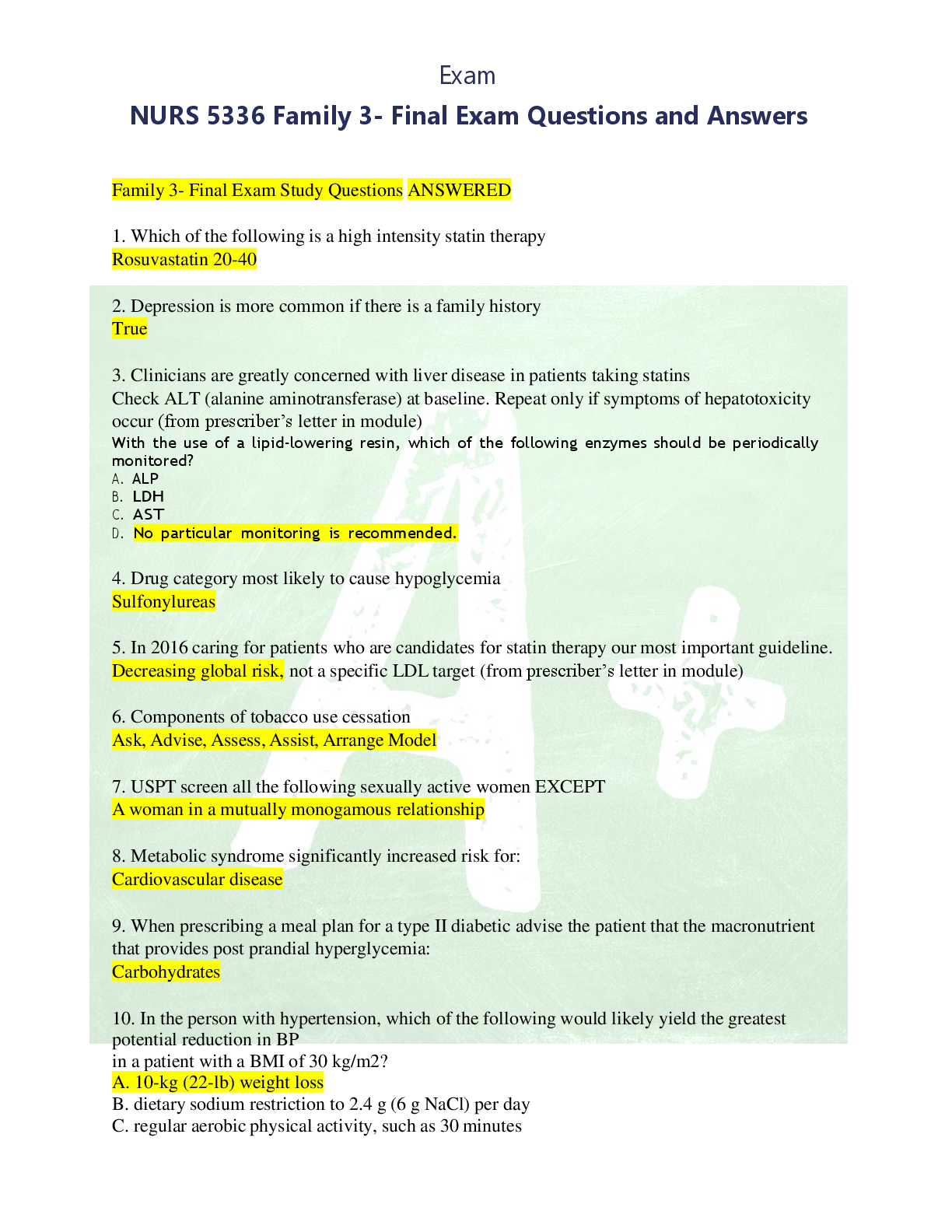 Preview of NURS 5336 Family 3- Final Exam Questions and Answers