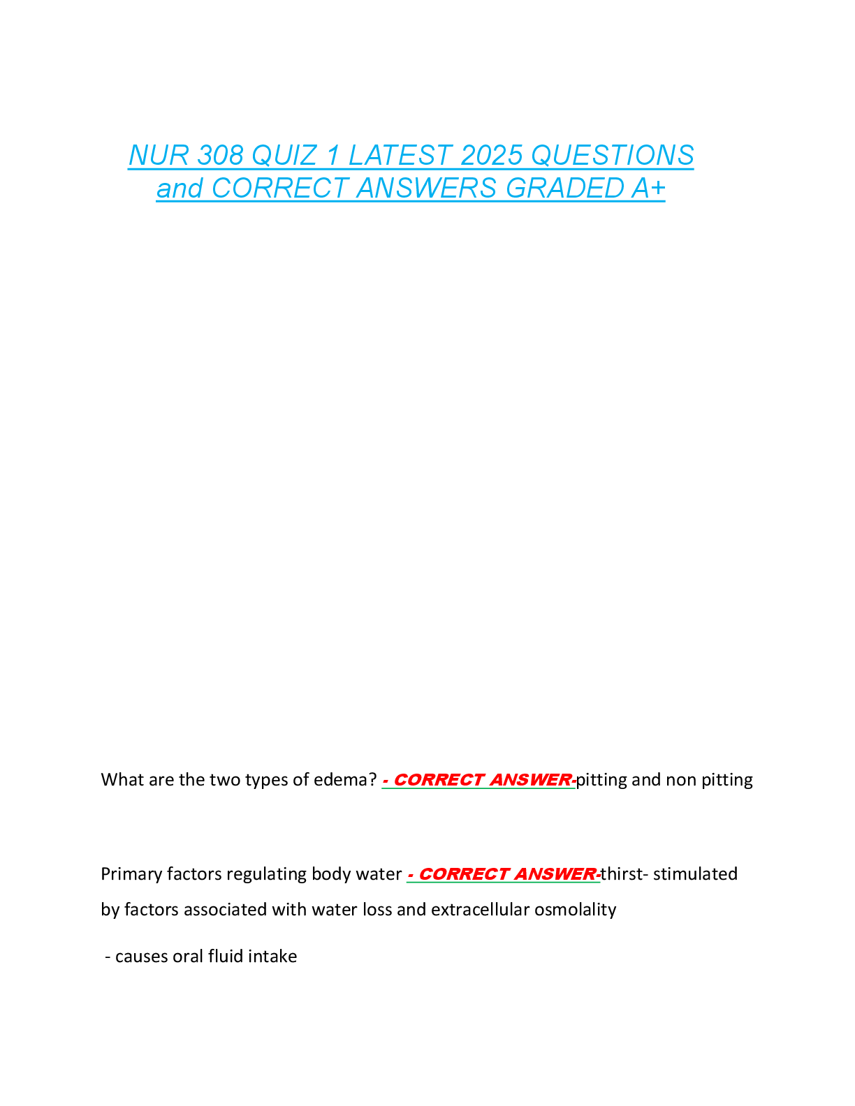 Preview image for NUR 308 QUIZ 1 LATEST 2025 QUESTIONS  and CORRECT ANSWERS GRADED A+