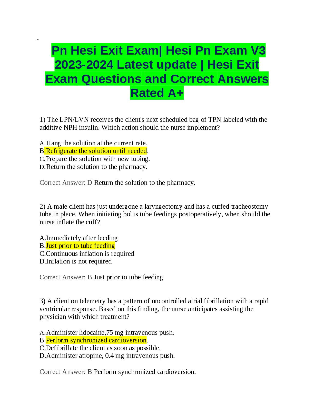 Preview image for Pn Hesi Exit Exam|  Hesi Pn Exam V3  2023-2024 Latest update | Hesi Exit  Exam  Questions  and  Correct  Rated A+