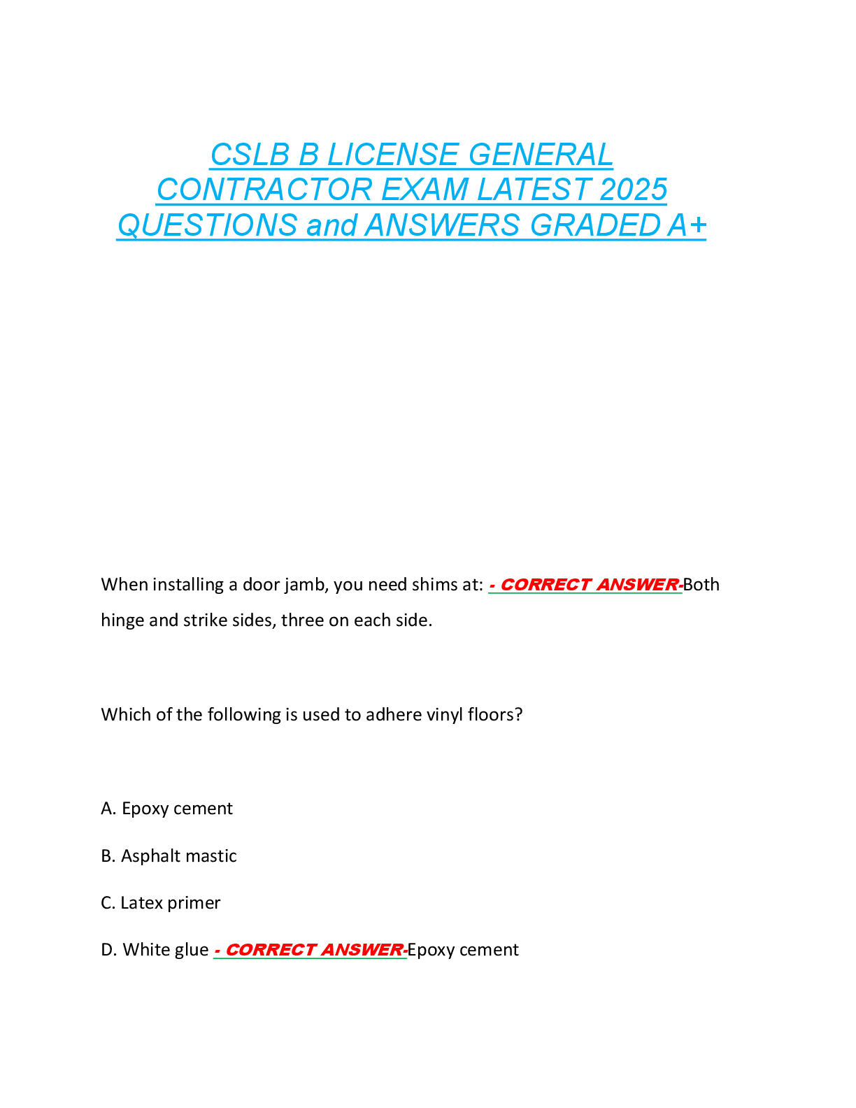 CSLB B LICENSE GENERAL  CONTRACTOR EXAM LATEST 2025  QUESTIONS and ANSWERS GRADED A+