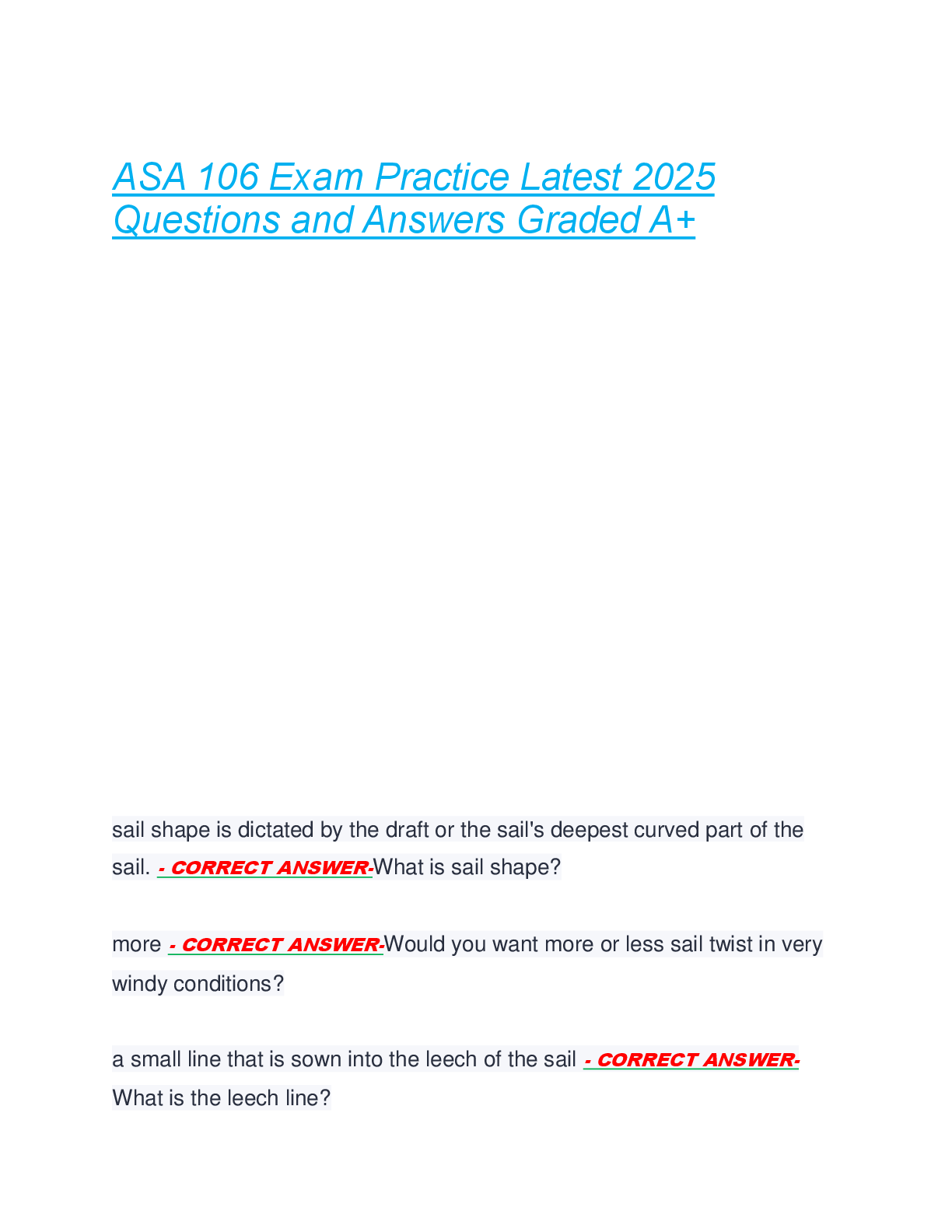 Preview of ASA 106 Exam Practice Latest 2025  Questions and Answers Graded A+