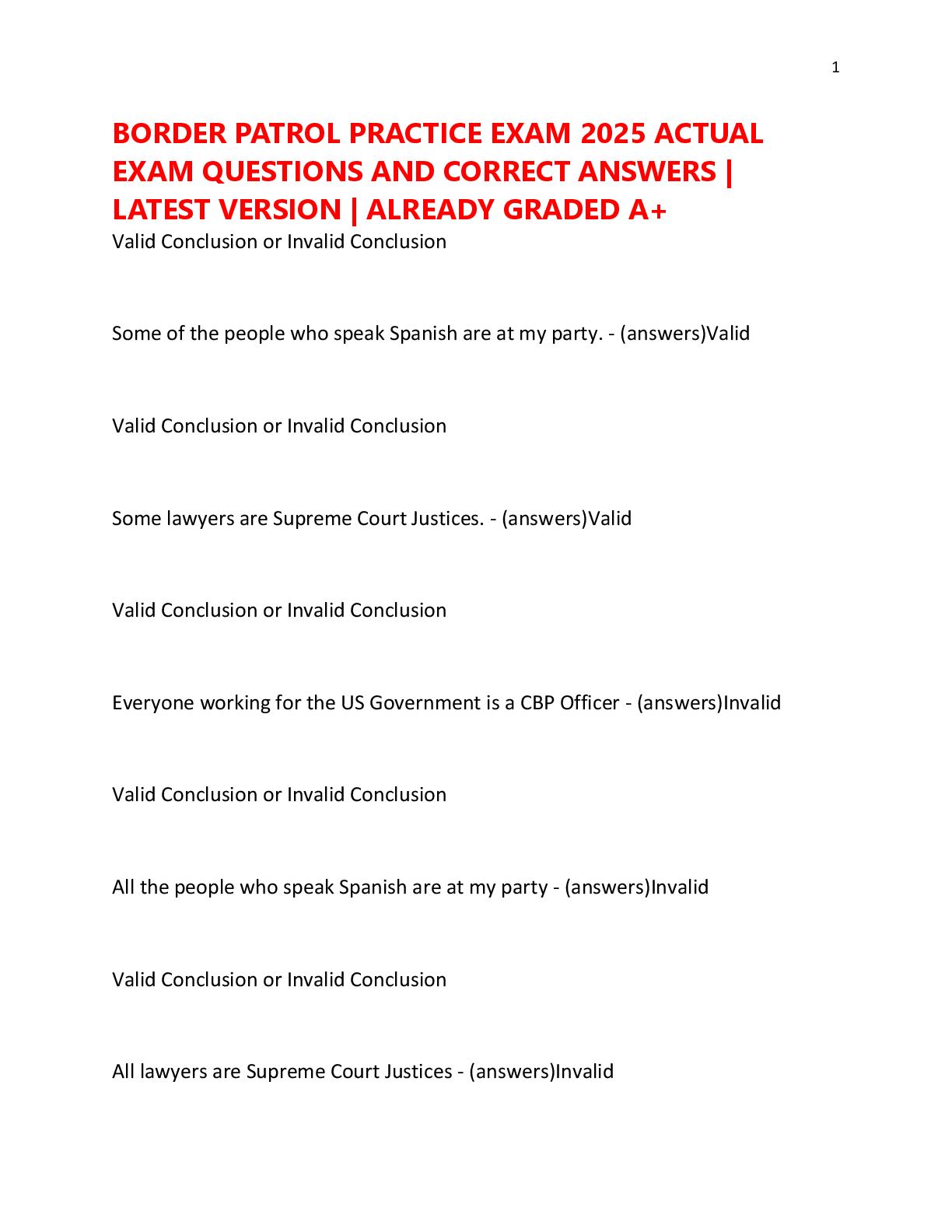 Preview of BORDER PATROL PRACTICE EXAM 2025 ACTUAL  EXAM QUESTIONS AND CORRECT ANSWERS |  LATEST VERSION | ALREADY GRADED A+