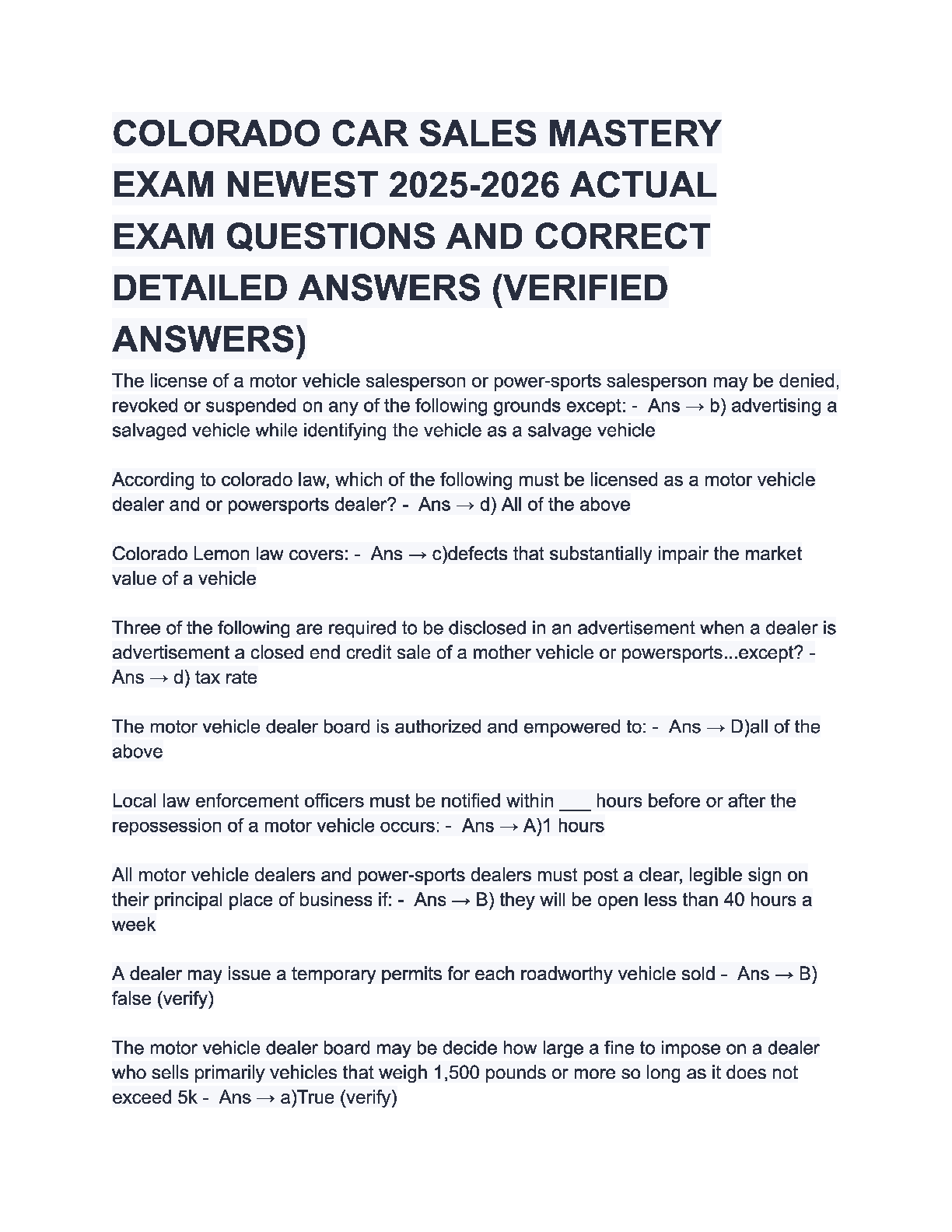 Preview image for COLORADO CAR SALES MASTERY  EXAM NEWEST 2025-2026 ACTUAL  EXAM QUESTIONS AND CORRECT  DETAILED ANSWERS (VERIFIED  ANSWERS)