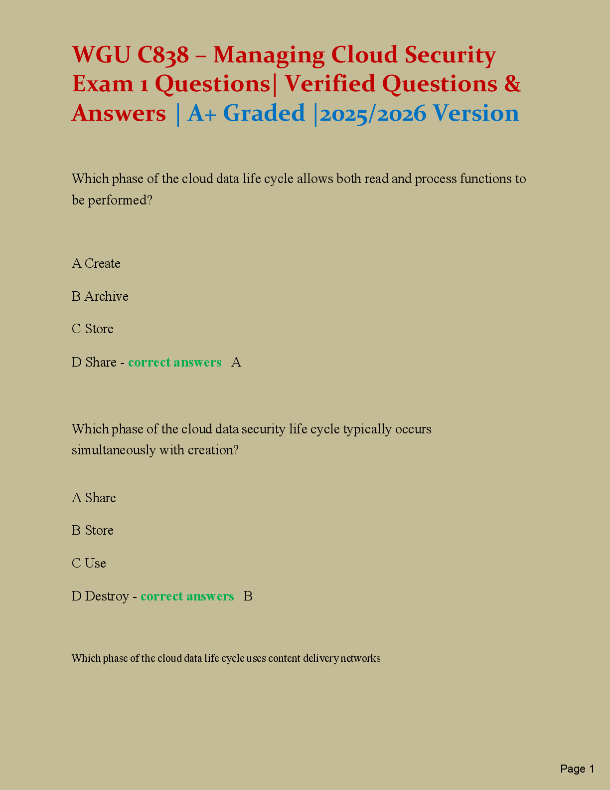 Preview of WGUC838–ManagingCloudSecurity  Exam1Questions| Verified Questions &  Answers |A+Graded|202