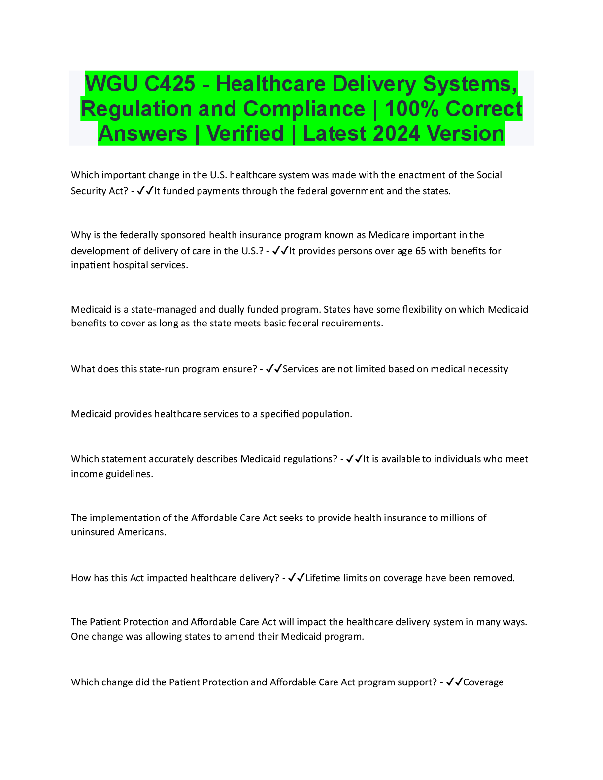 Preview image for WGU C425 - Healthcare Delivery Systems, Regulation and Compliance  100% Correct Answers  Verified  Latest 2024 Version