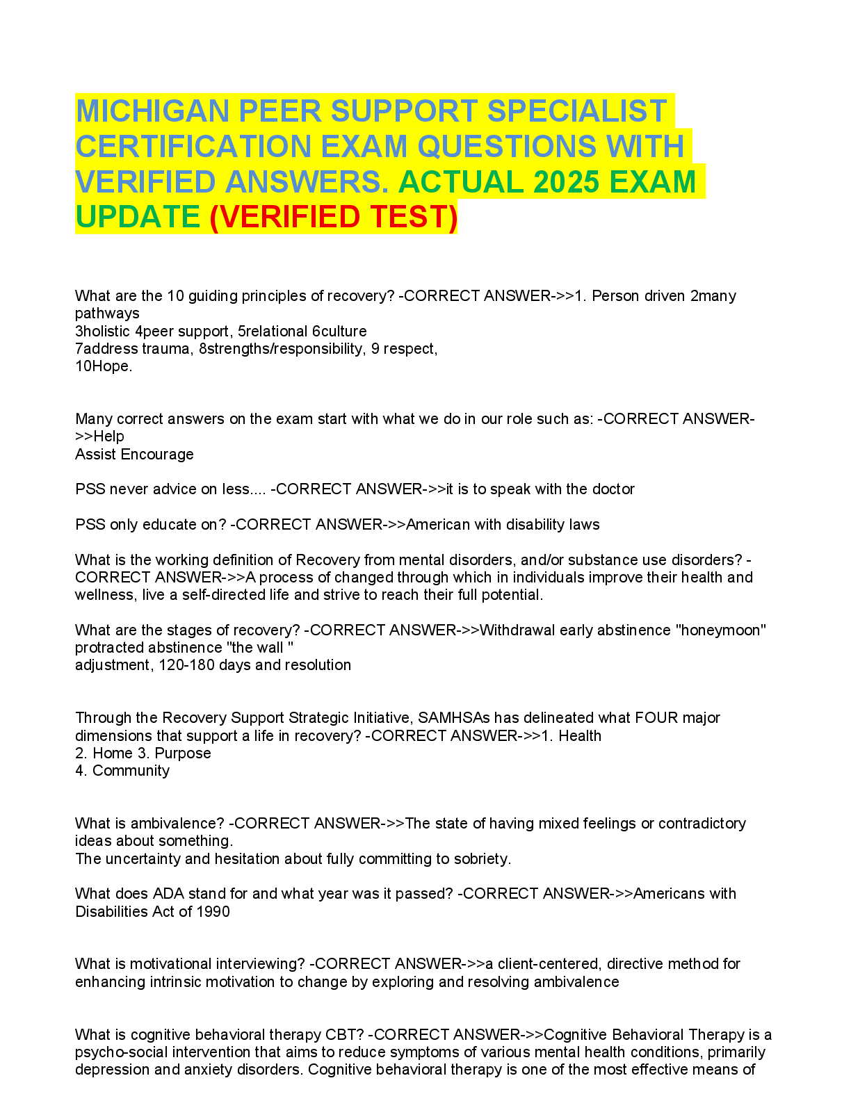 Preview image for MICHIGAN PEER SUPPORT SPECIALIST  CERTIFICATION EXAM QUESTIONS WITH  VERIFIED ANSWERS. ACTUAL 2025 EXAM  UPDATE (VERIFIED TEST)