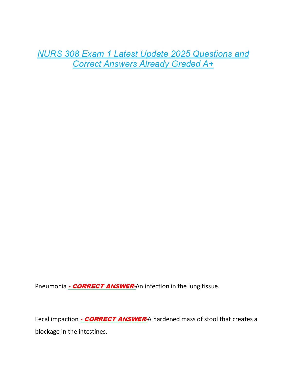 Preview image for NURS 308 Exam 1 Latest Update 2025 Questions and  Correct Answers Already Graded A+
