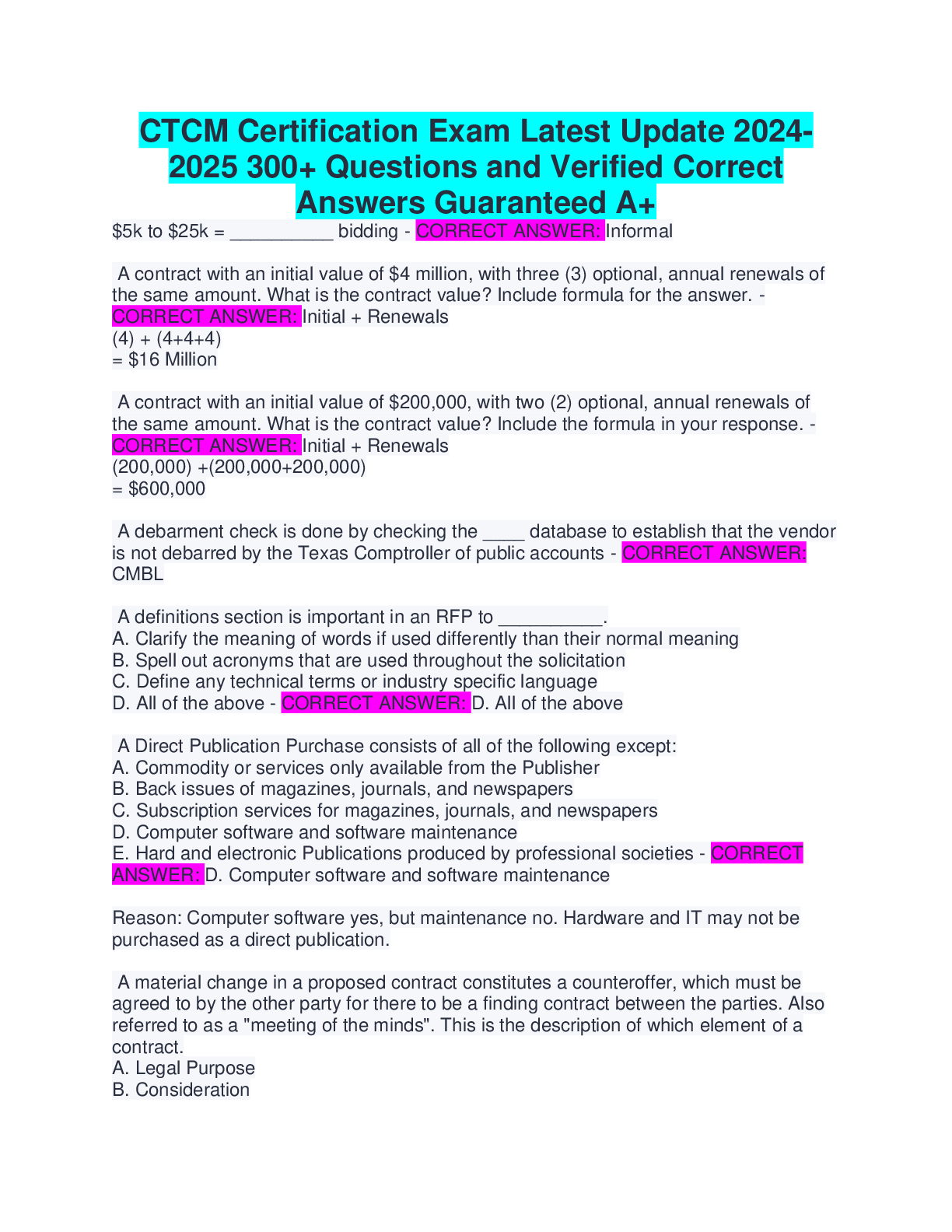 Preview image for CTCM Certification Exam Latest Update 2024 2025 300+ Questions and Verified Correct  Answers Guaranteed A+CTCM Certification Exam Latest Update 2024 2025 300+ Questions and Verified Correct  Answers Guaranteed A+