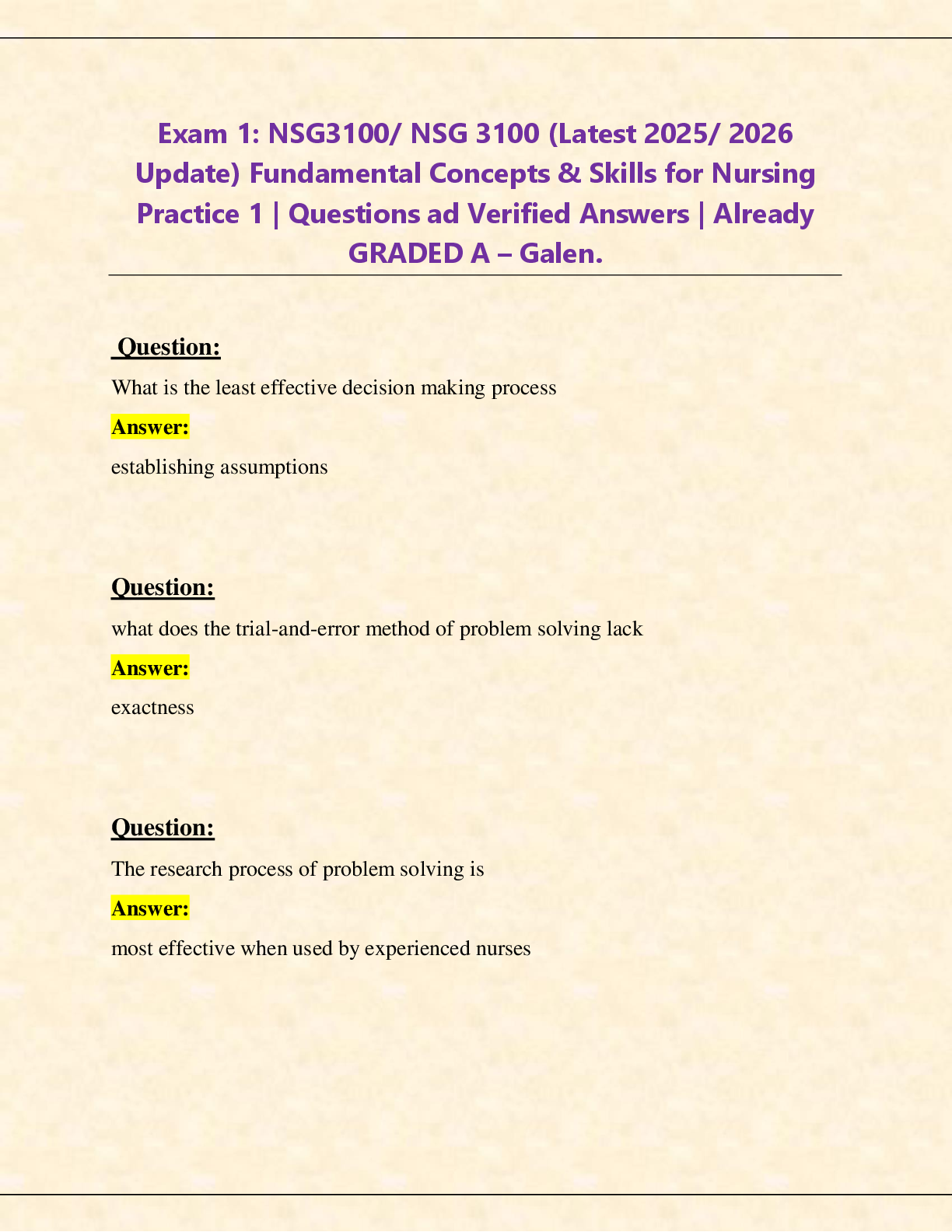 Recommended document preview for Exam 1: NSG3100/ NSG 3100 (Latest 2025/ 2026  Update) Fundamental Concepts & Skills for Nursing  Practice 1 | Questions ad Verified Answers | Already  GRADED A – Galen.